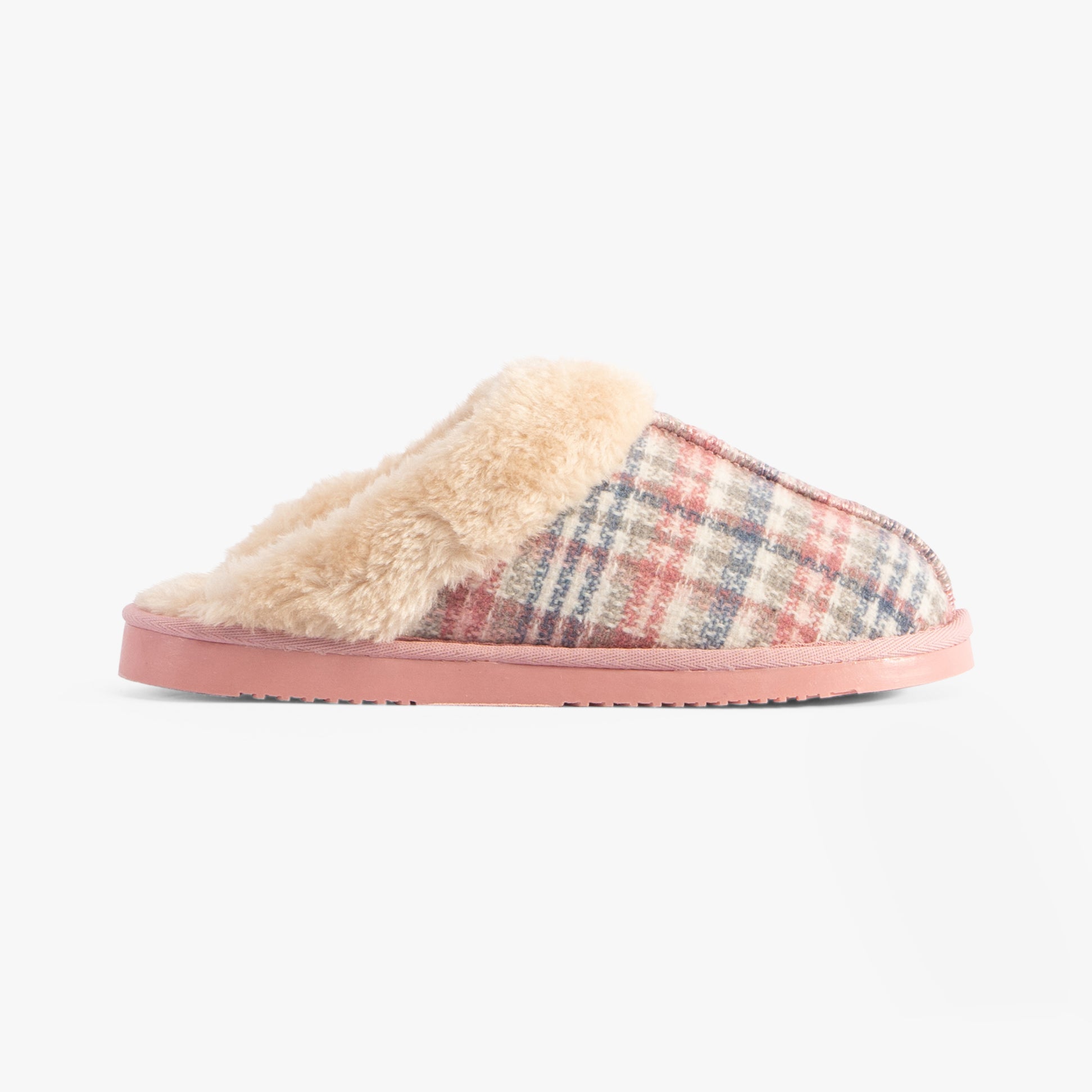 Jo & Joe THYME Womens Slippers Pink side view with faux fur lining and plaid textile upper.