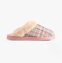 Jo & Joe THYME Womens Slippers Pink side view with faux fur lining and plaid textile upper.