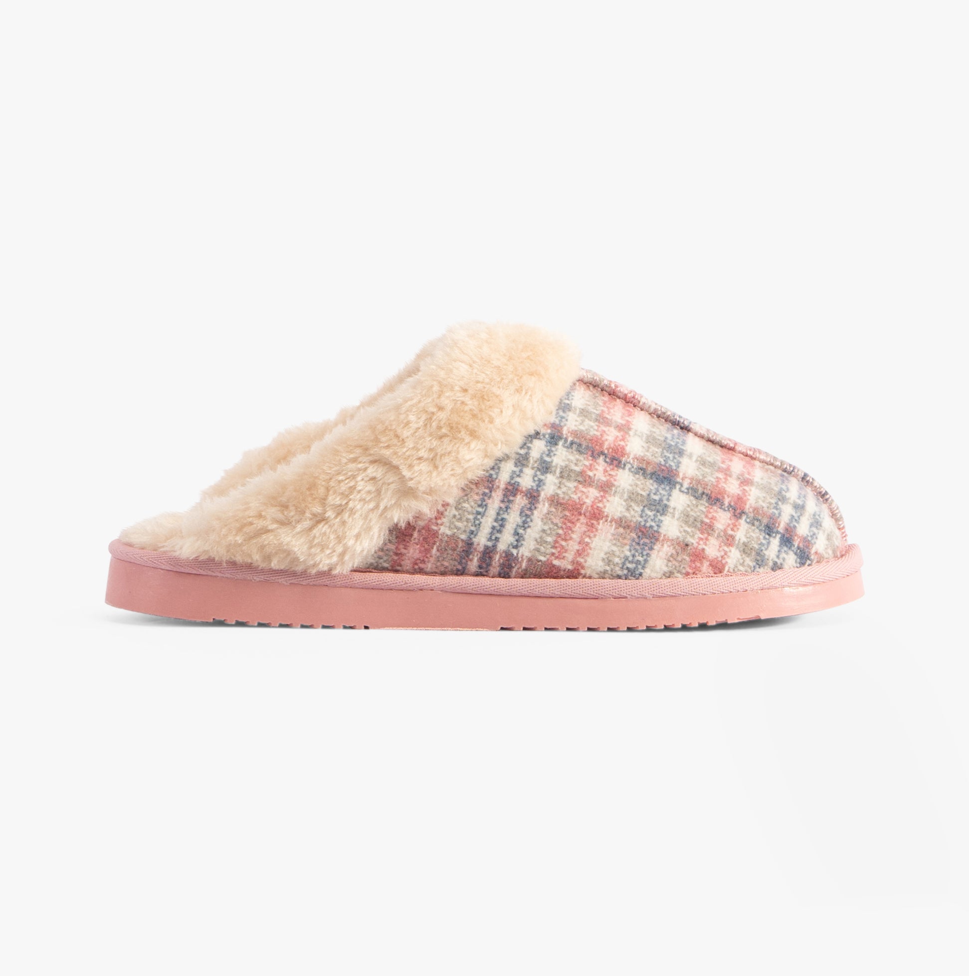 Jo & Joe THYME Womens Slippers Pink side view with faux fur lining and plaid textile upper.