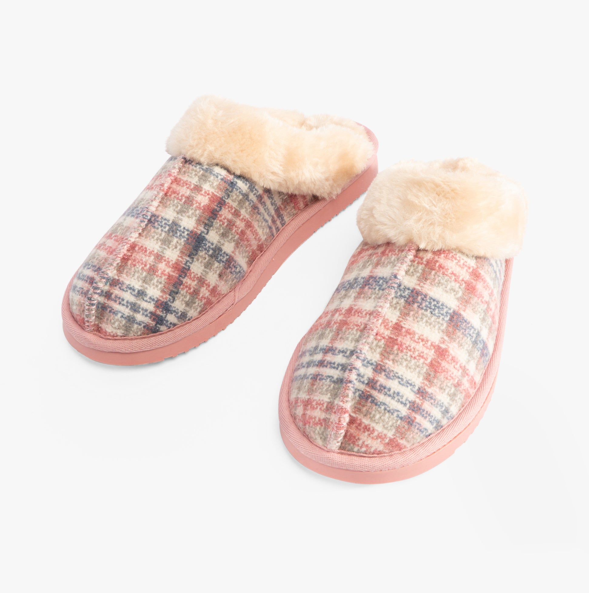 Jo & Joe THYME Womens Slippers Pink, side view of cozy slip-on mules with faux fur lining and plaid design.
