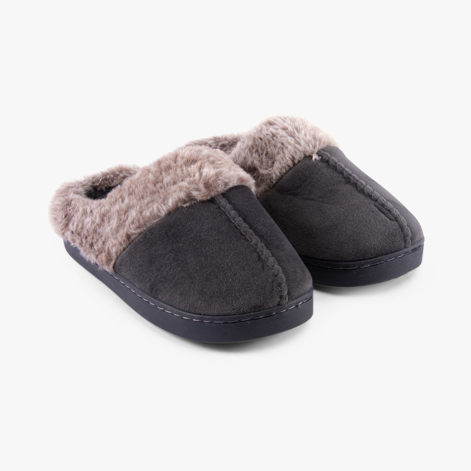 Jo & Joe TRIXIE Womens Slippers Charcoal side view with soft faux fur lining and rubber sole.
