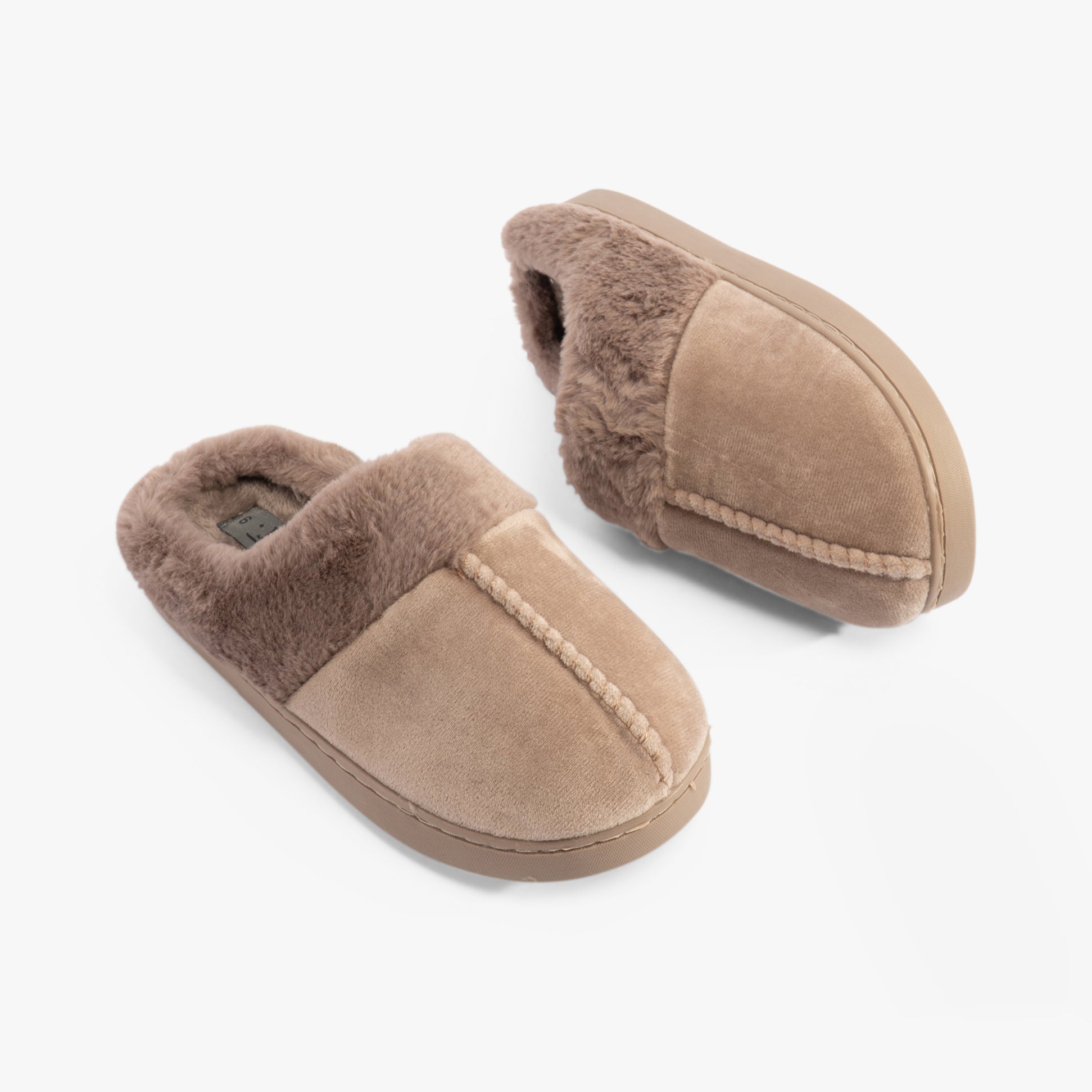 Jo & Joe ZOE Womens Slippers Mink side view showing soft textile upper and faux fur lining.