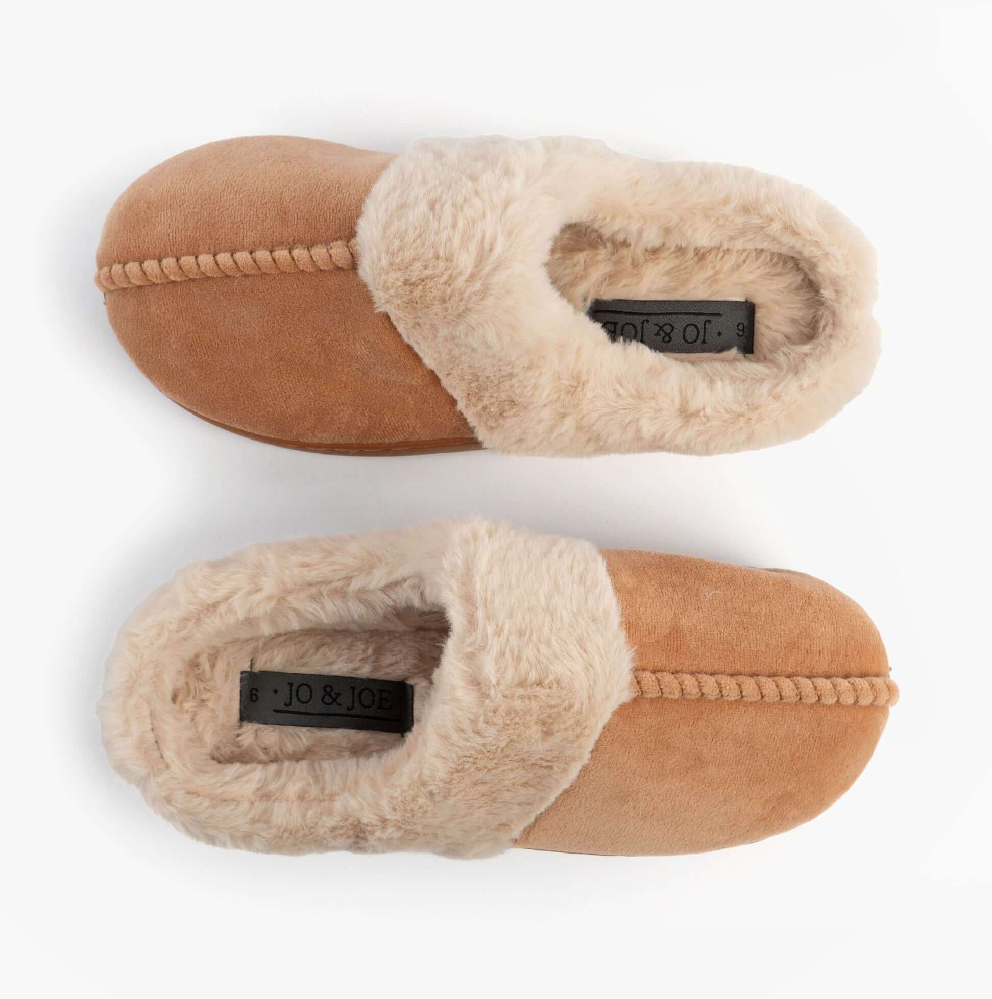 Jo & Joe ZOE Womens Mule Slippers Chestnut top view showcasing plush lining and comfortable design.