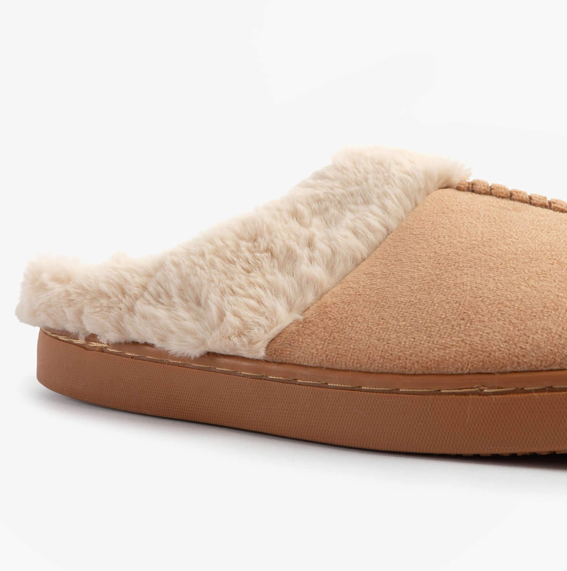 Jo & Joe ZOE Womens Mule Slippers Chestnut side view showcasing plush lining and rubber sole.