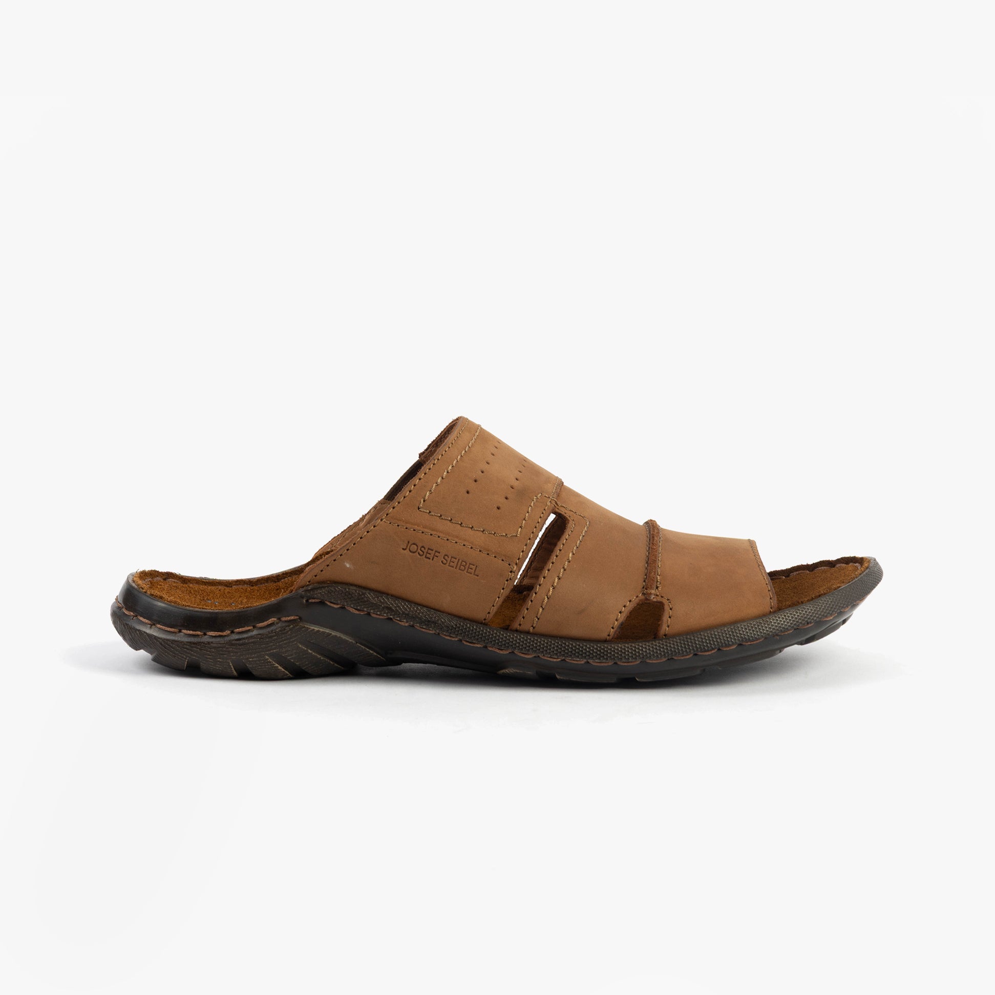 Josef Seibel LOGAN 38 Mens Sandals Nuss side view showcasing brown leather slip-on design with a padded footbed.
