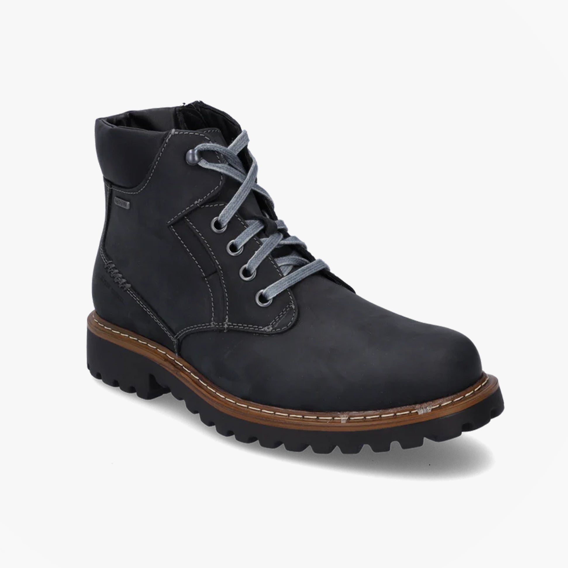 Josef Seibel CHANCE 39 Mens Boots Black side view featuring leather upper, lace-up closure, and rubber sole.