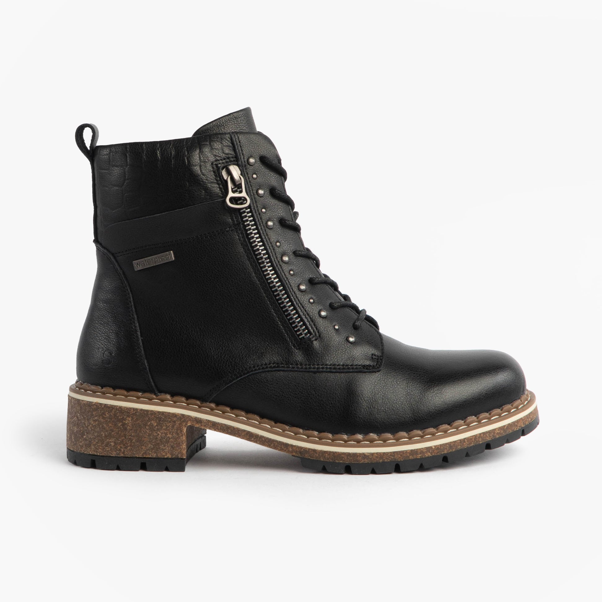 Josef Seibel WAYLYNN 10 Womens Lace Up Ankle Boots Black side view featuring leather upper and zip closure.