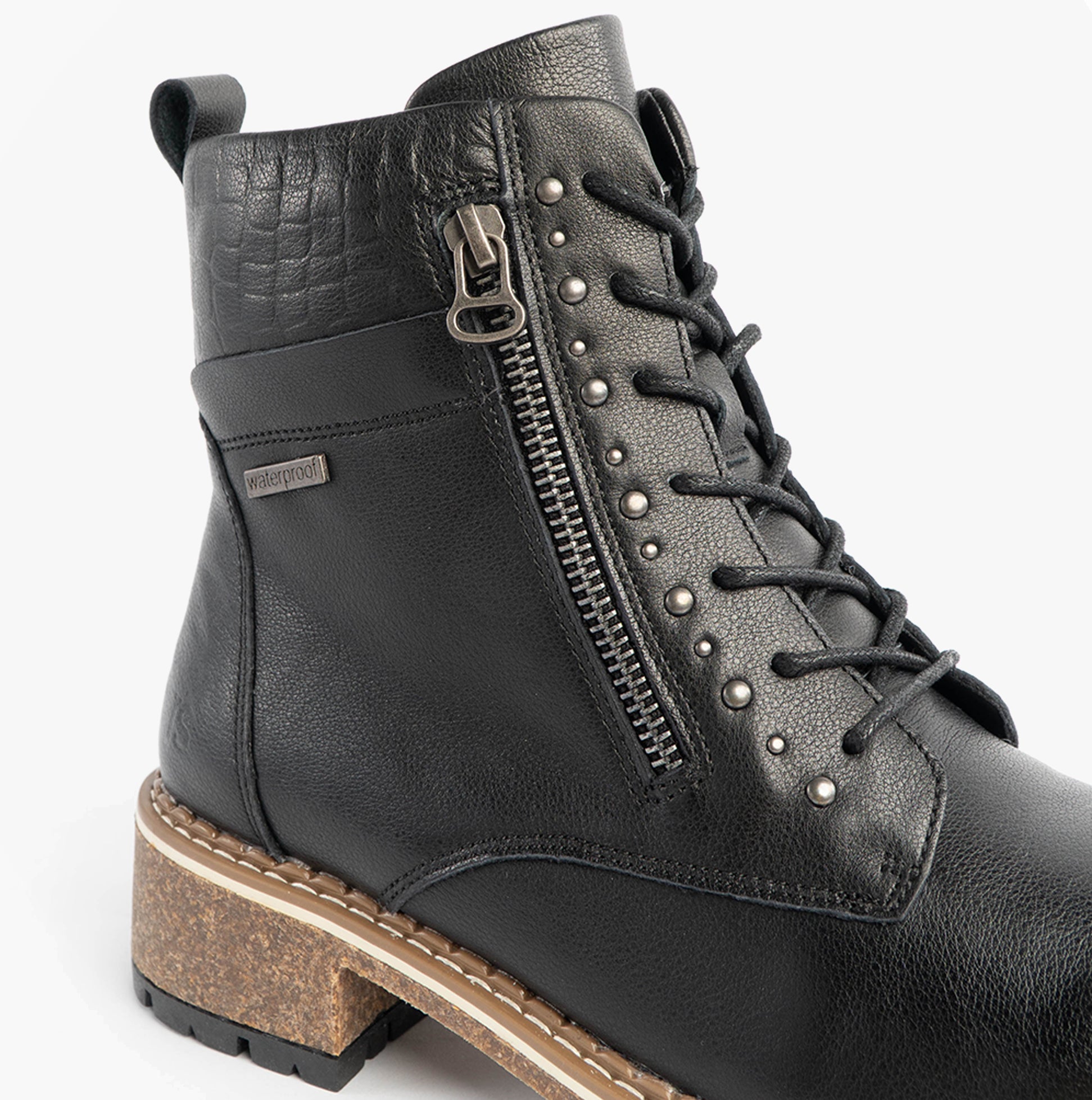 Josef Seibel WAYLYNN 10 Womens Lace Up Ankle Boots Black detail view showcasing side zipper and studs.