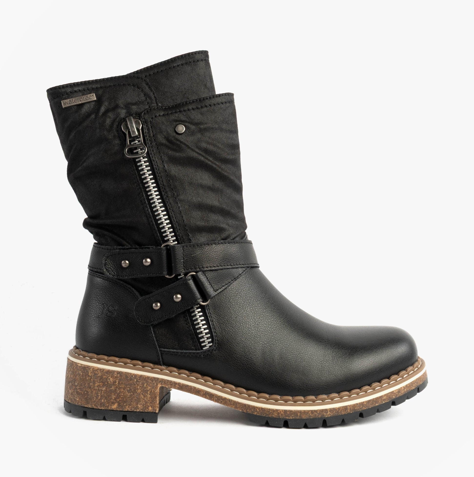 Josef Seibel WAYLYNN 13 Womens Biker Boots Black side view with zipper detail and mid-calf height.