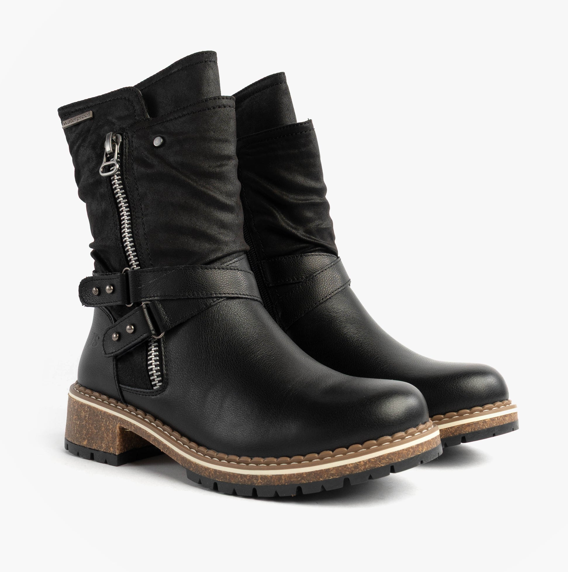 Josef Seibel WAYLYNN 13 Womens Biker Boots Black side view highlighting zipper and strap details.
