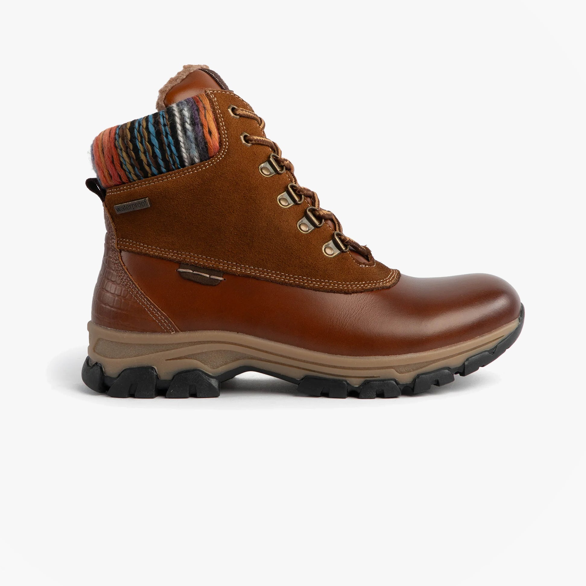Josef Seibel WYNTER 02 Womens Waterproof Lace Up Boots Brandy side view showing stylish ankle height and textured mesh collar.