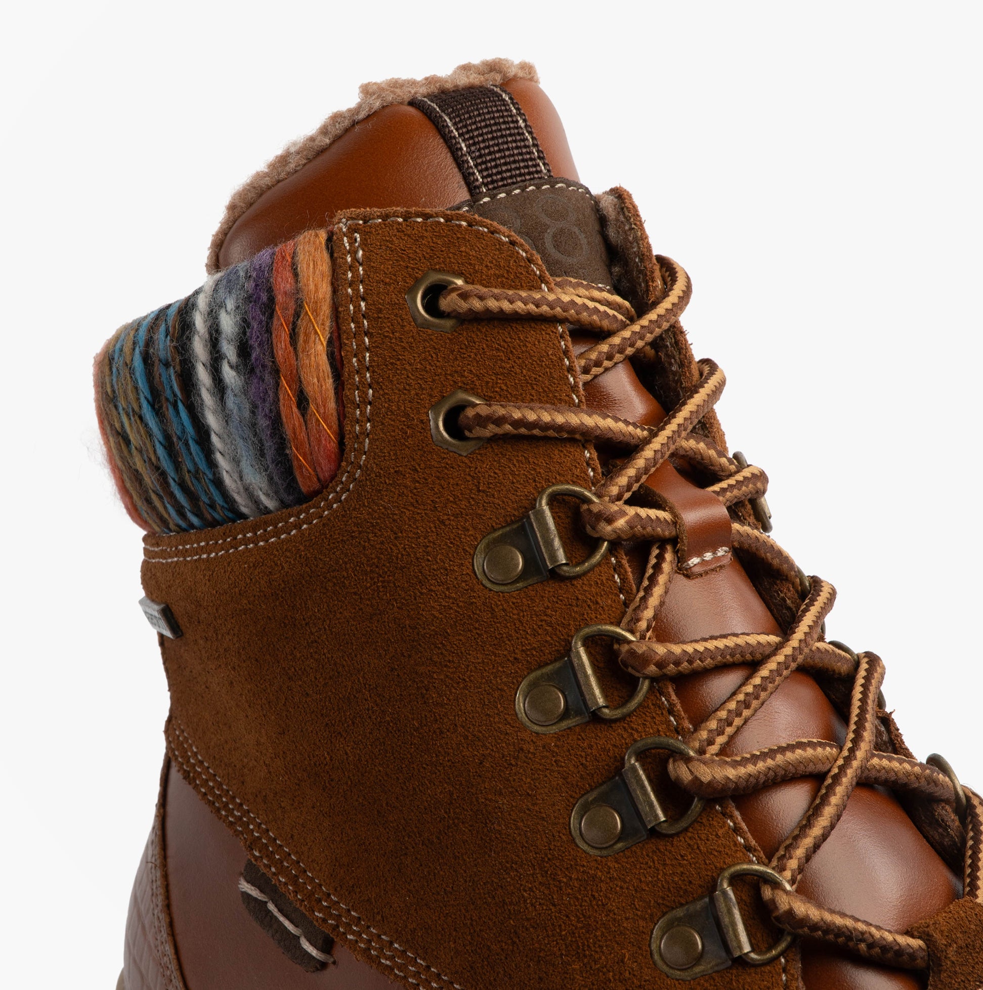 Josef Seibel WYNTER 02 Womens Waterproof Lace Up Boots Brandy side view highlighting lace detail and colorful cuff.