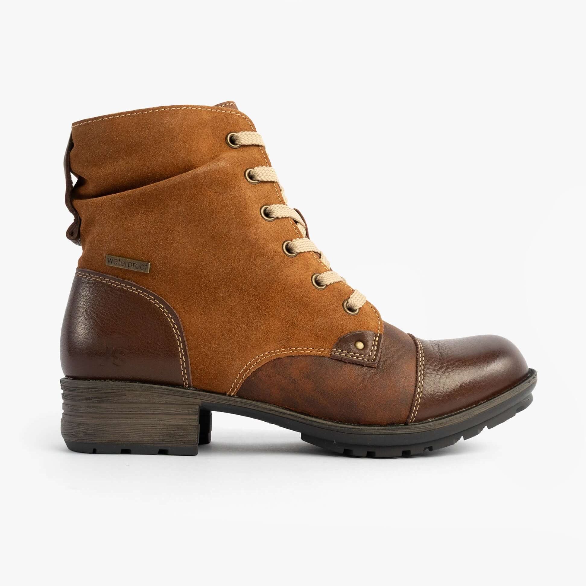 Josef Seibel SUSIE 03 Ladies Boots Camel Combi side view of ankle boots in leather and suede with lace-up and zip details