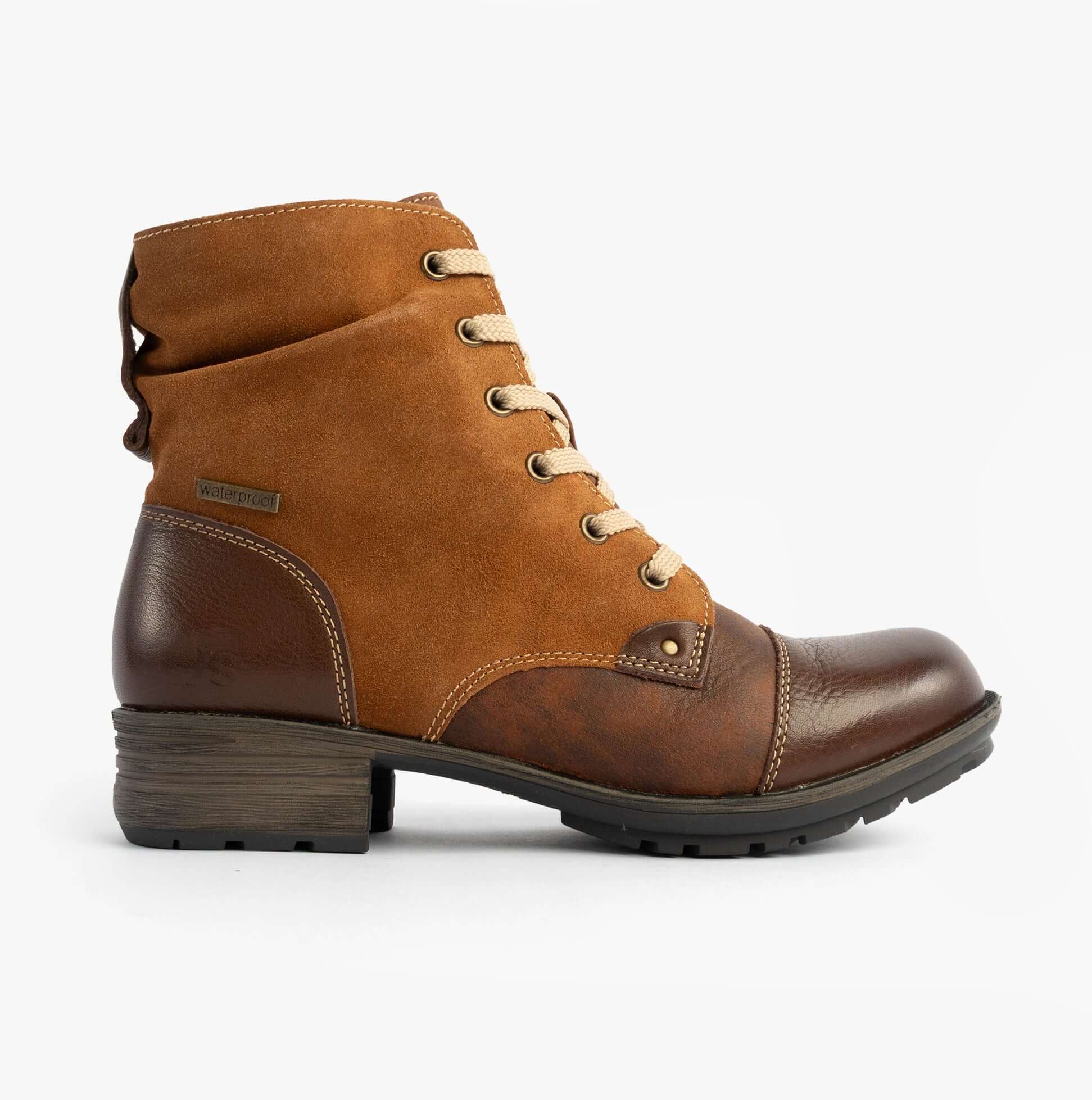 Josef Seibel SUSIE 03 Ladies Boots Camel Combi side view of ankle boots in leather and suede with lace-up and zip details
