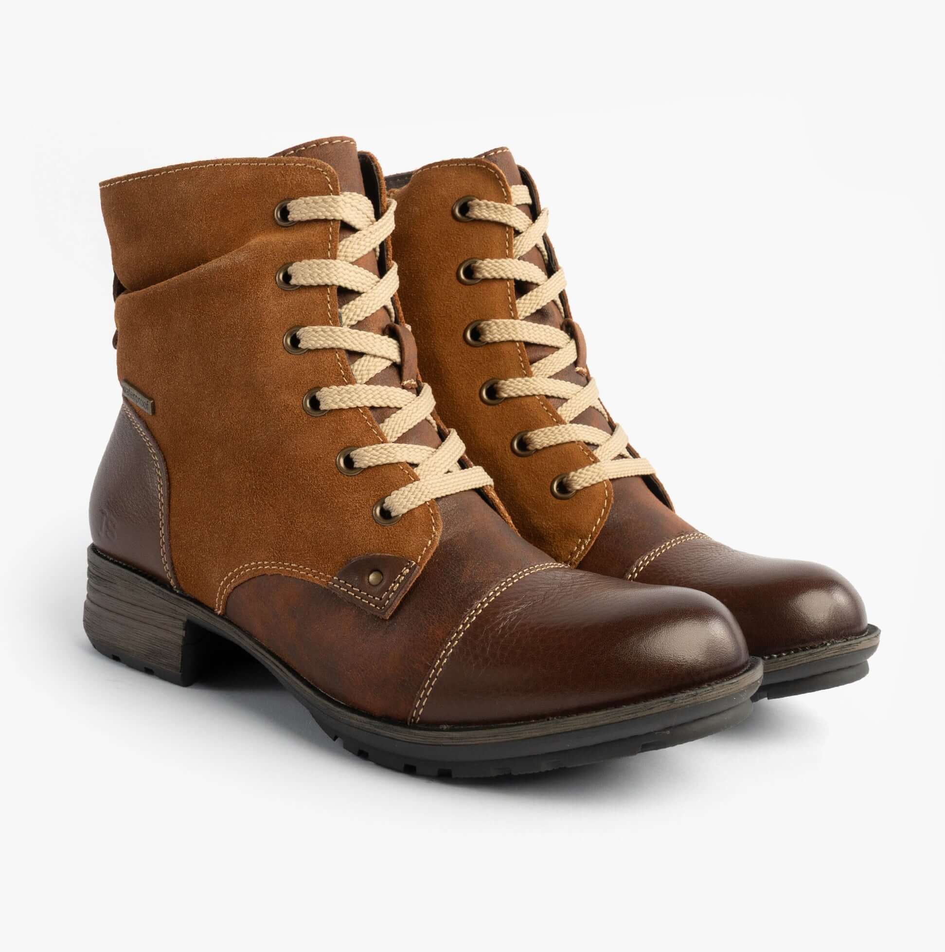 Josef Seibel SUSIE 03 Ladies Boots Camel Combi side view showing leather and suede upper with lace-up and zip closure.
