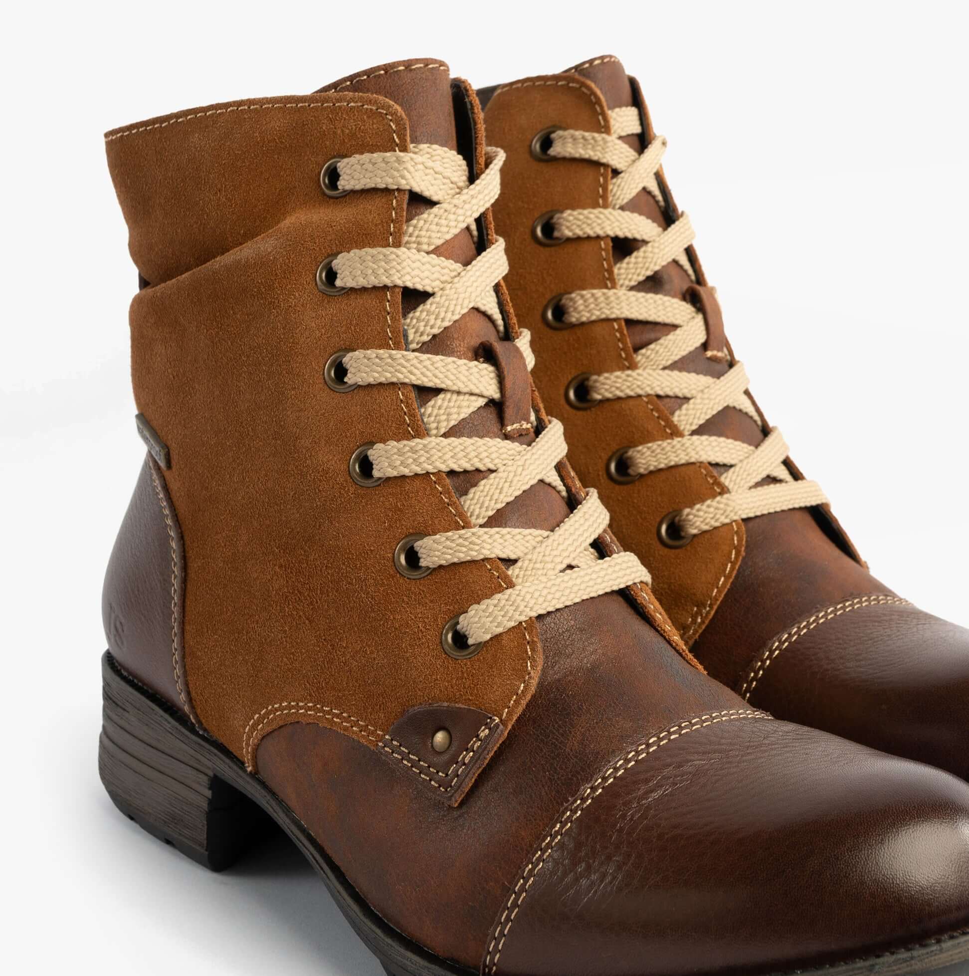 Josef Seibel SUSIE 03 Ladies Boots Camel Combi front view featuring lace-up design and leather/suede material.