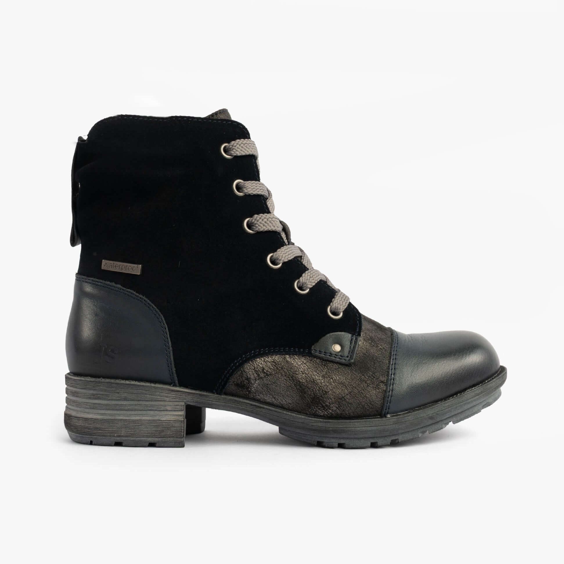 Josef Seibel SUSIE 03 Ladies Boots Blue Combi side view showcasing lace-up design, round toe shape and low heel.