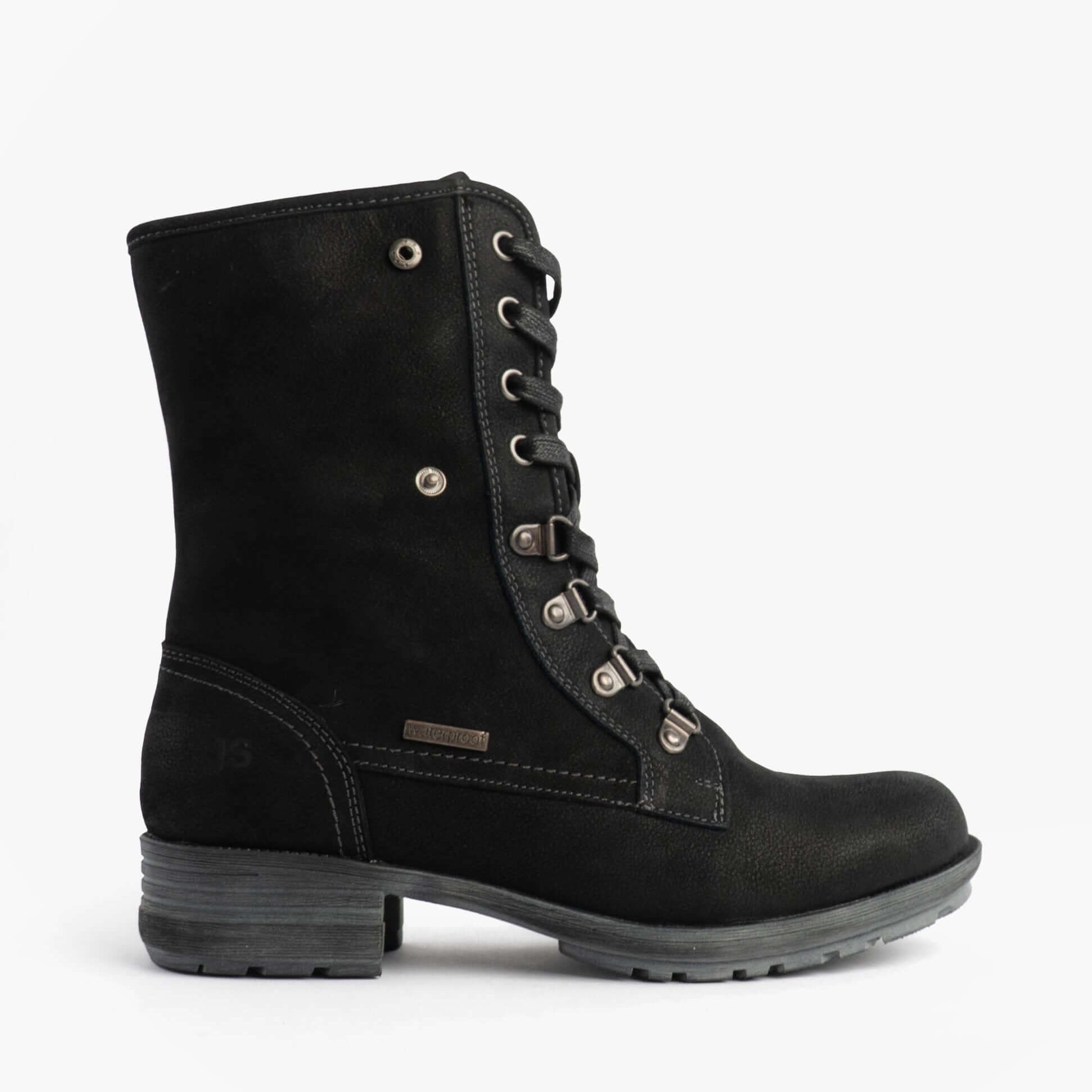 Josef Seibel SUSIE 04 Ladies Boots Black side view showcasing lace-up design and low heel.