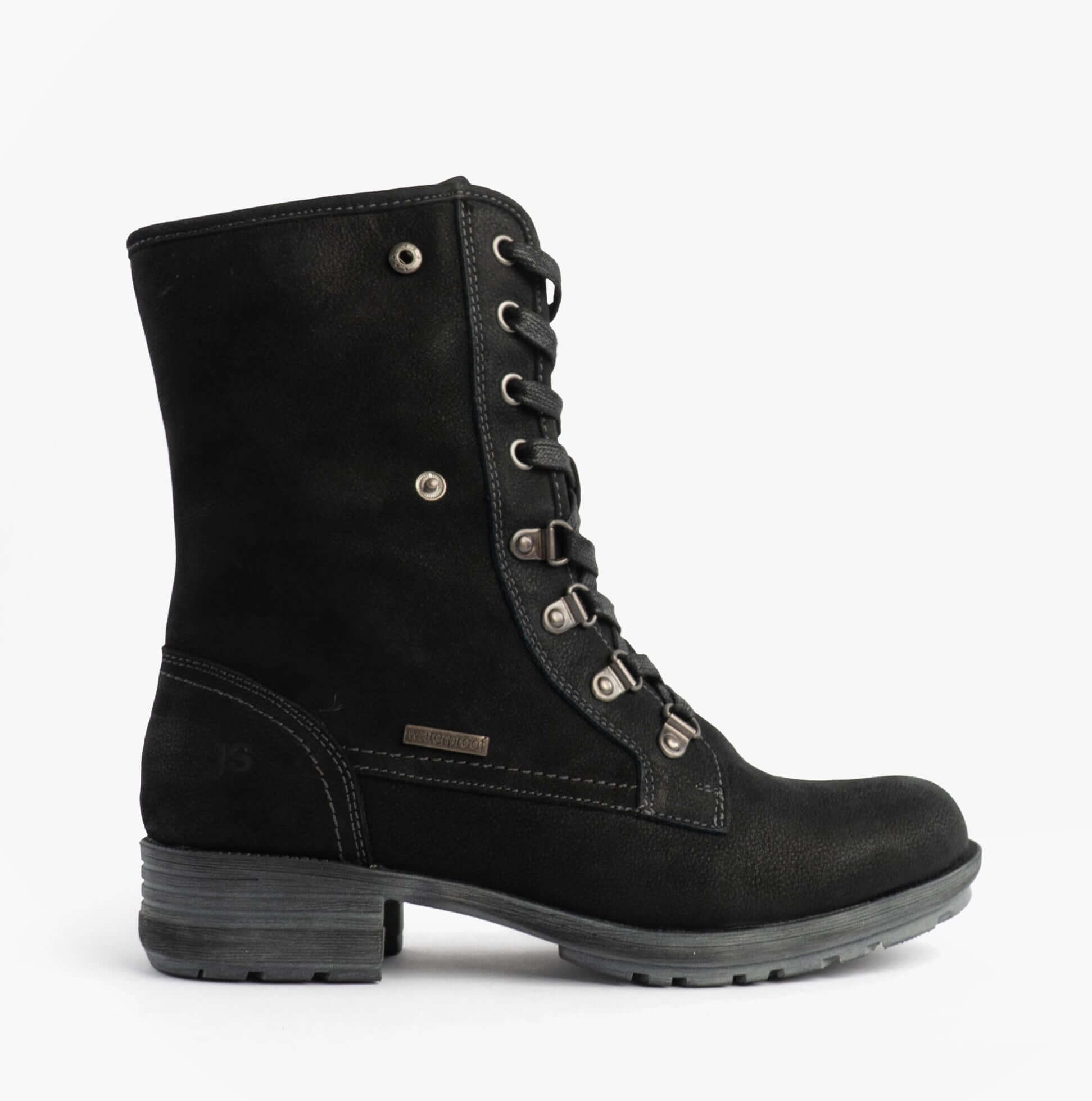 Josef Seibel SUSIE 04 Ladies Boots Black side view showcasing lace-up design and low heel.
