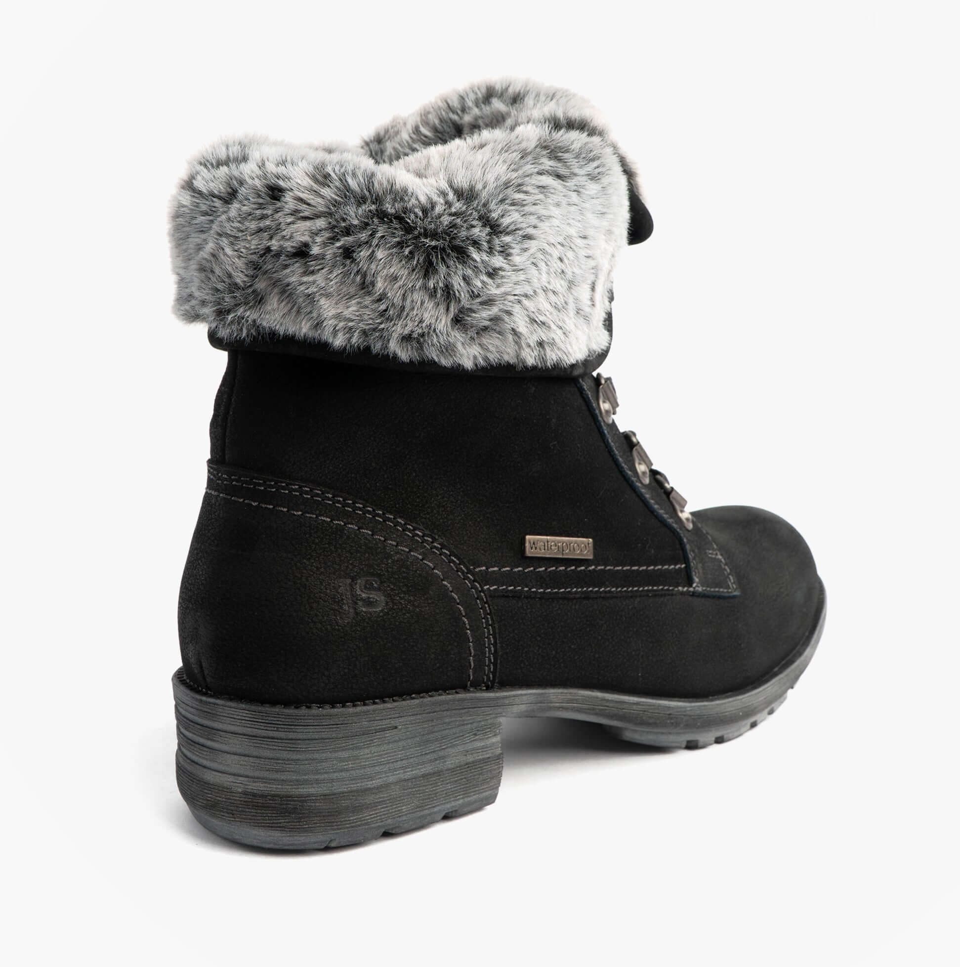 Josef Seibel SUSIE 04 Ladies Boots Black back view showcasing faux fur lining and lace-up design.