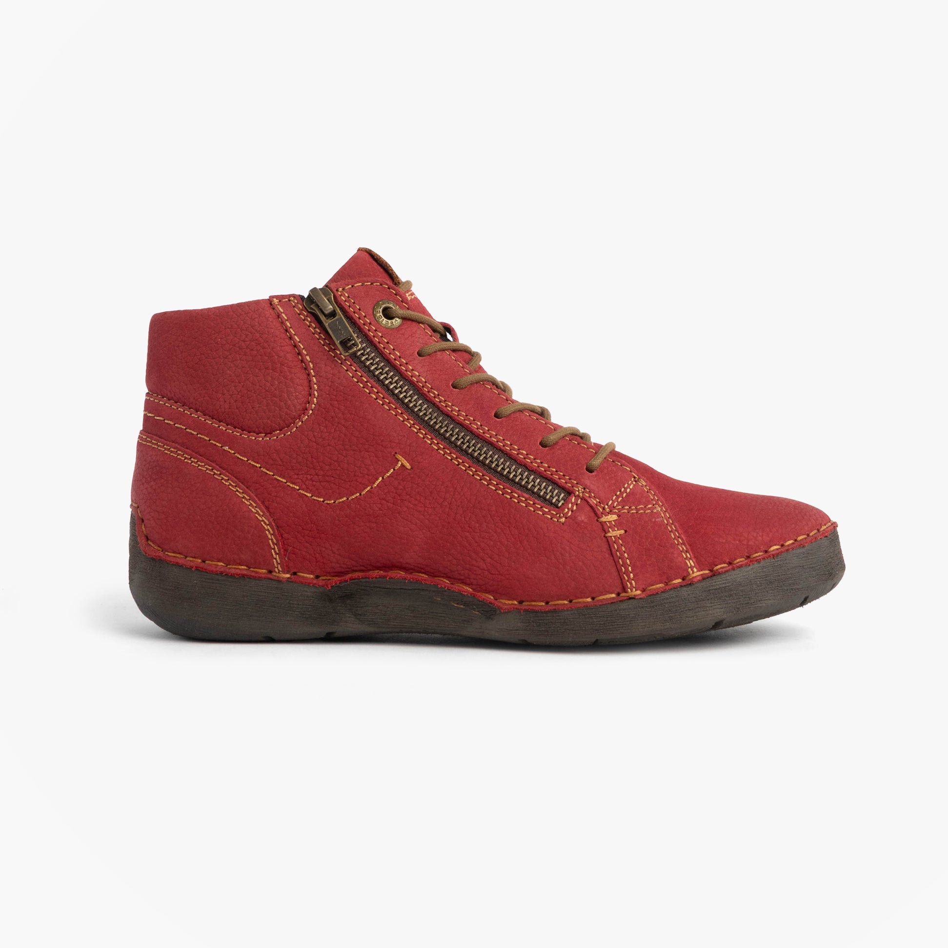 Josef Seibel FERGEY 67 Womens Size Zip Boots Red side view, ankle boot style with leather upper and lace-up closure