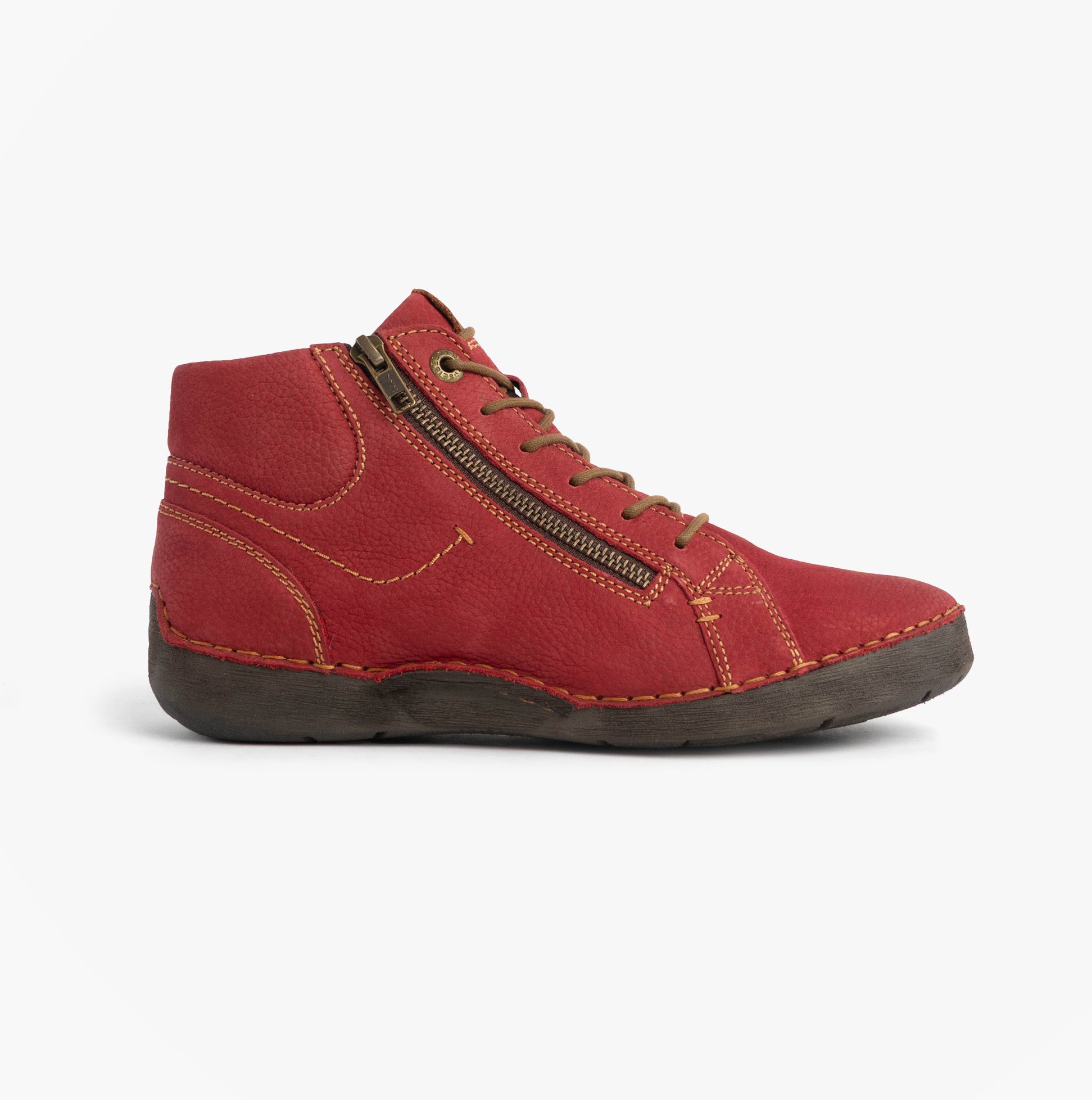 Josef Seibel FERGEY 67 Womens Size Zip Boots Red side view, ankle boot style with leather upper and lace-up closure