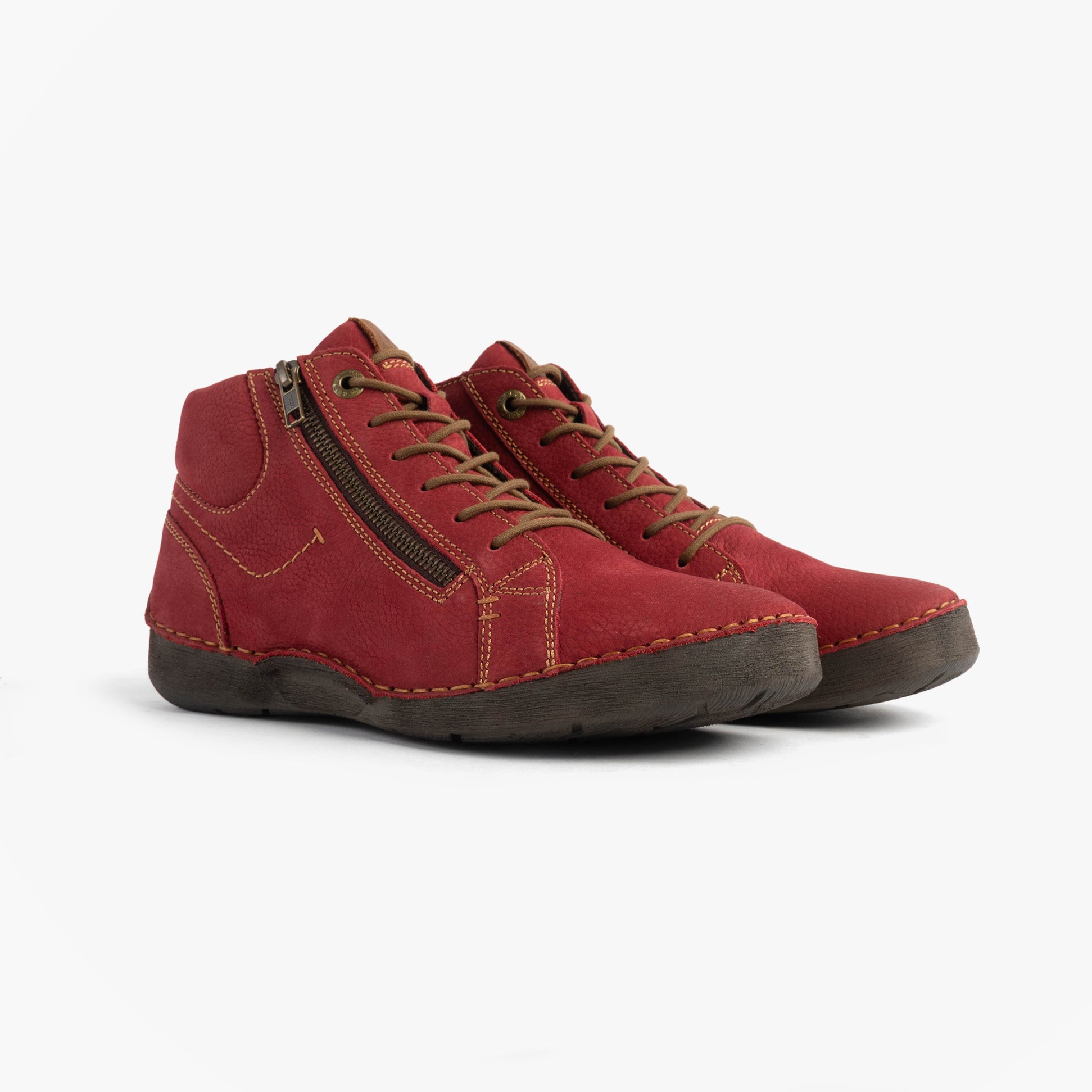 Josef Seibel FERGEY 67 Womens Size Zip Boots Red side view showcasing the ankle boot style and red leather upper.