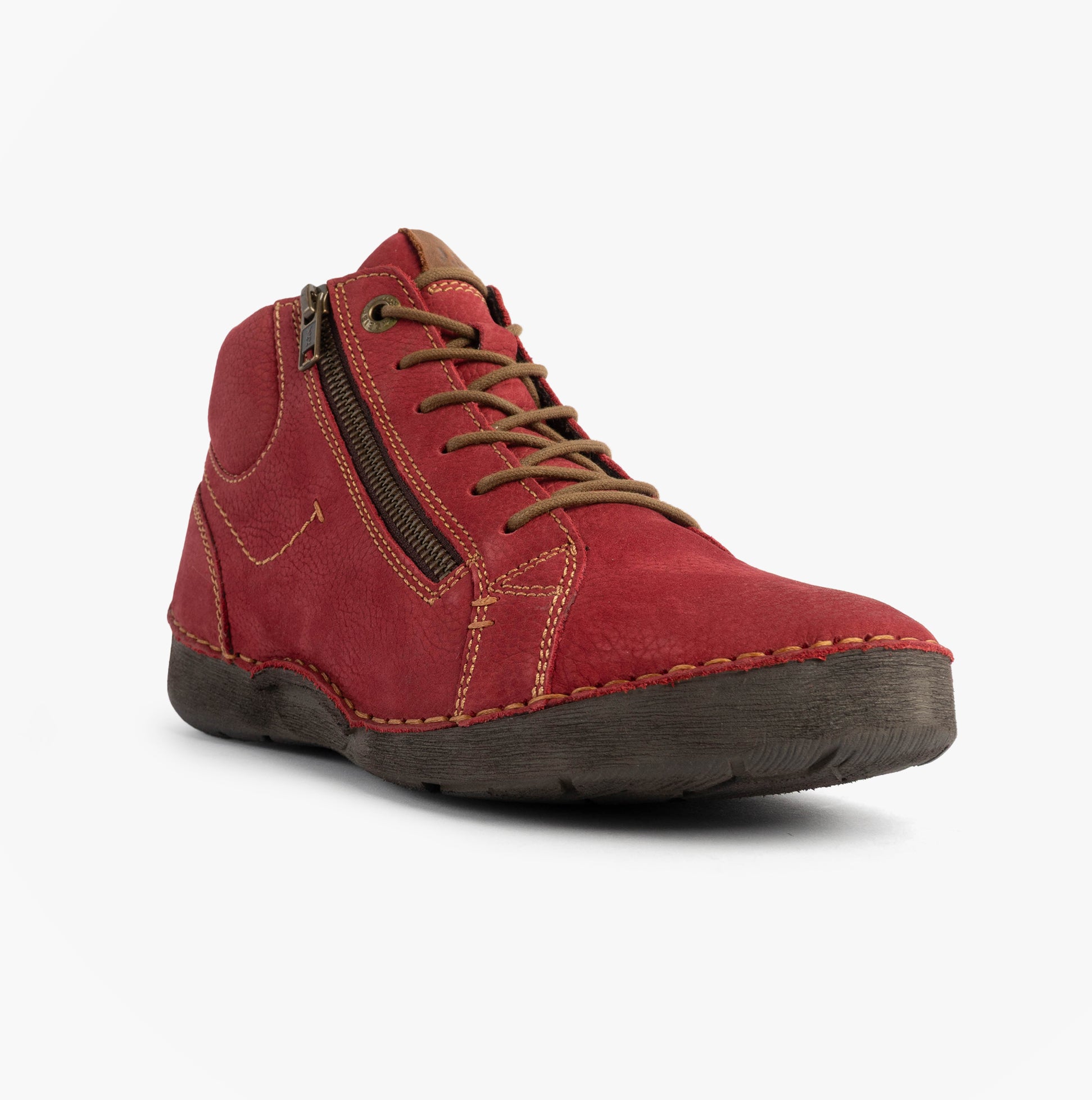 Josef Seibel FERGEY 67 Womens Size Zip Boots Red side view showing leather upper, lace-up and zip closure.