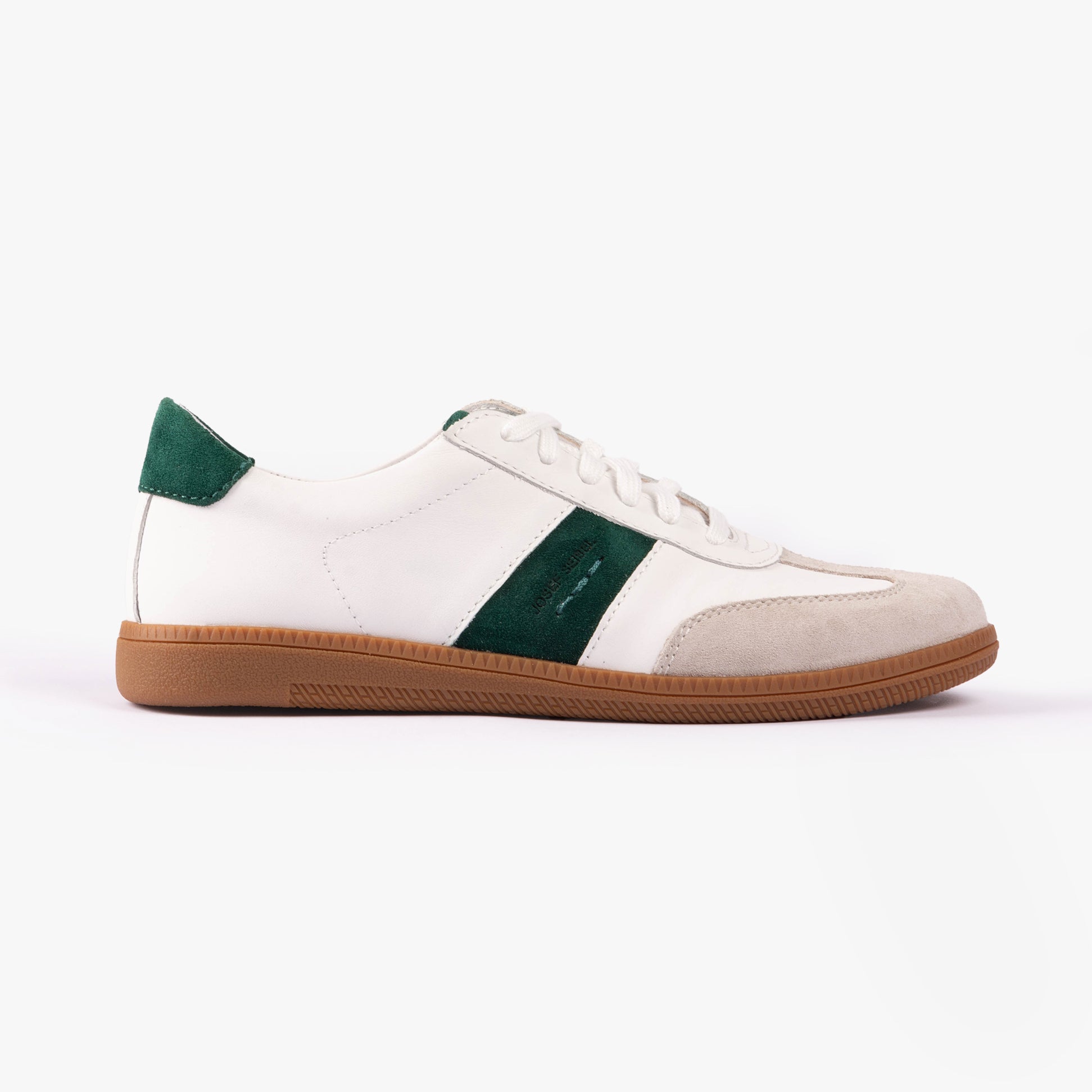 Josef Seibel JOLEEN 01 Womens Trainers Weiss-Smaragd side view featuring white leather and emerald green accents.