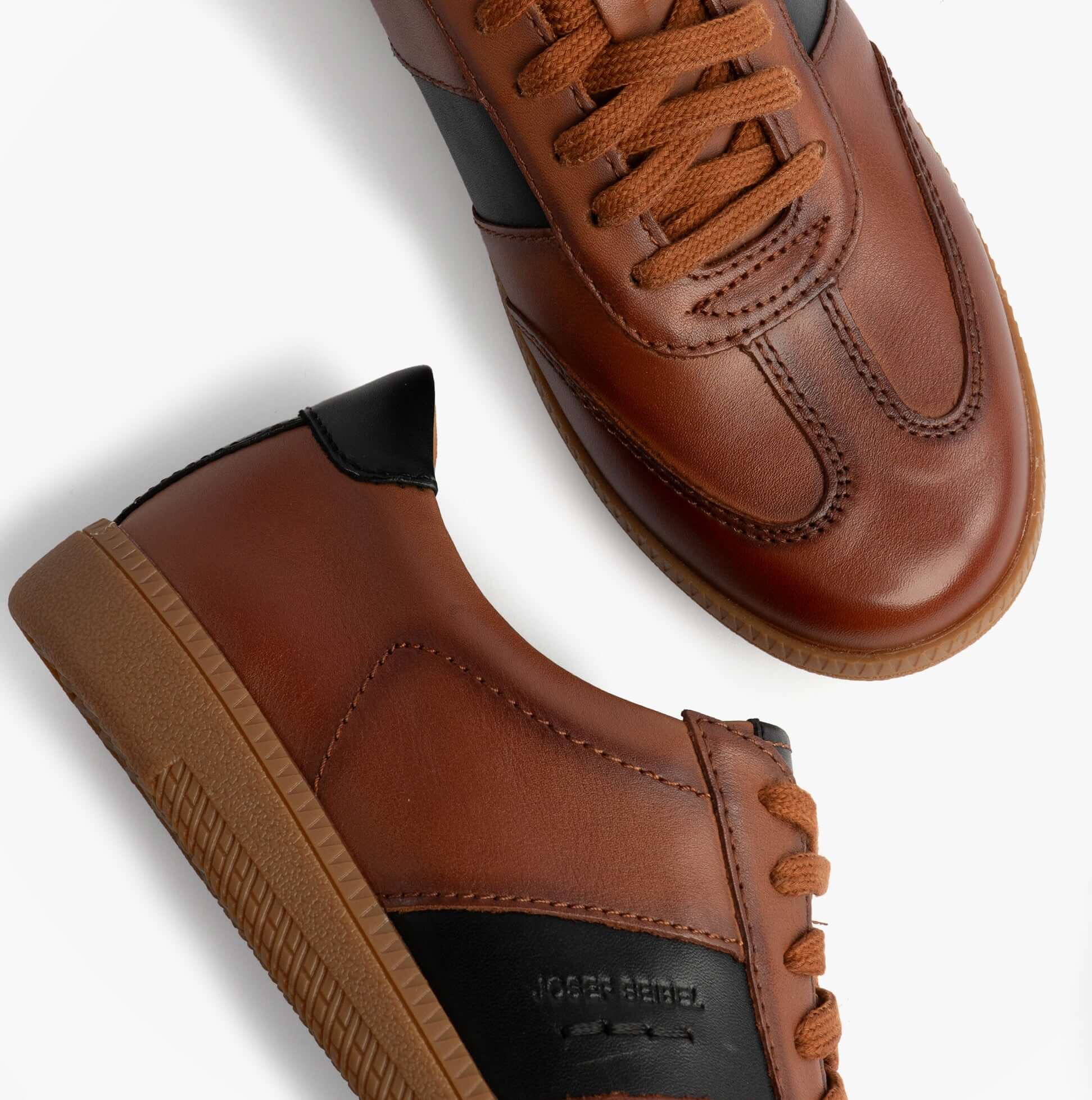 Josef Seibel JOLEEN 03 Womens Court Trainers Tan top and side view with lace-up detail and leather upper.