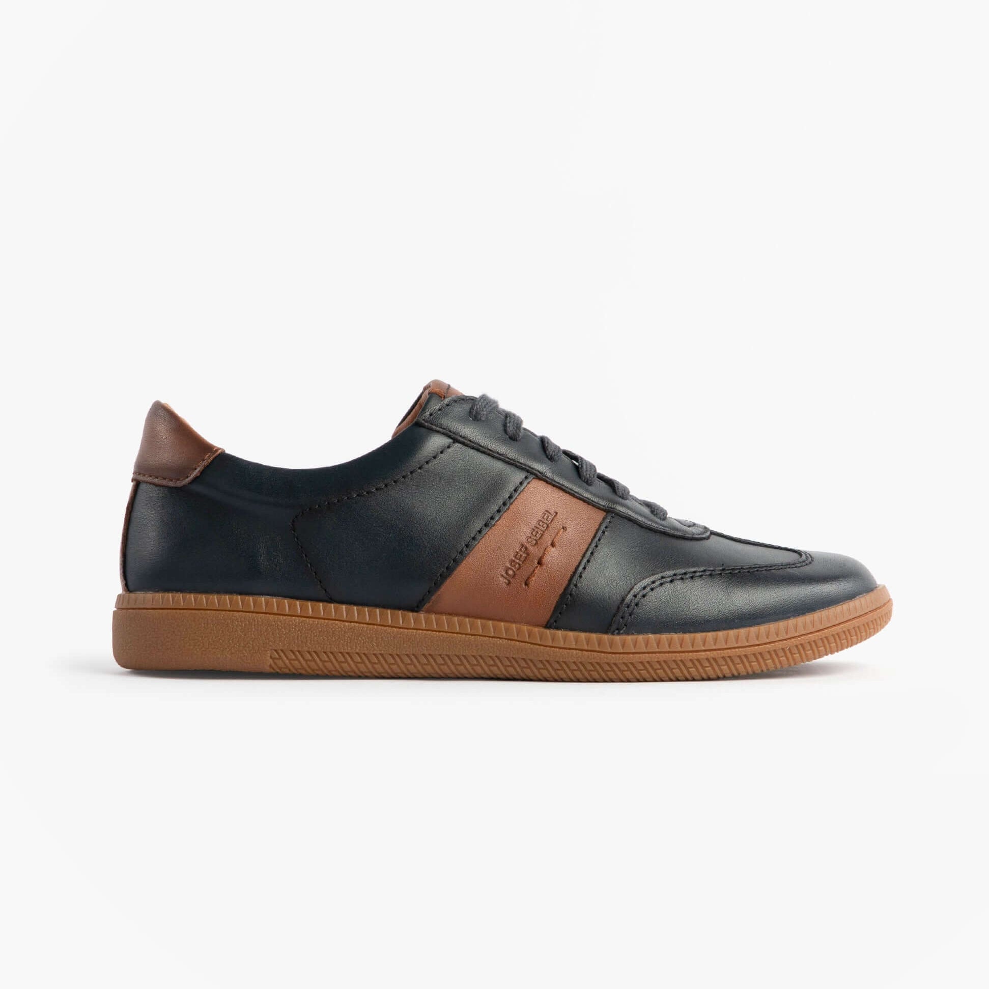 Josef Seibel JOLEEN 03 Womens Court Trainers Navy side view with brown accents and lace-up closure.