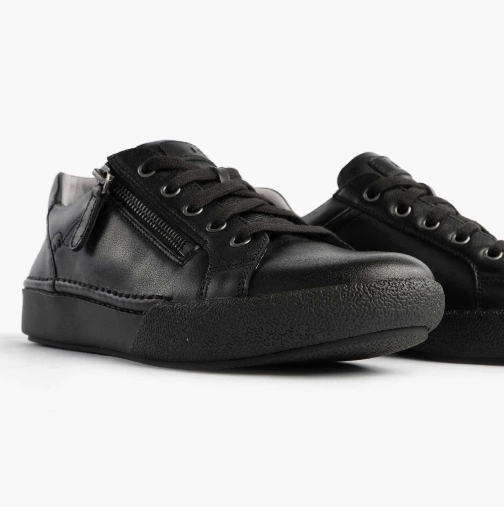 Josef Seibel Claire 13 Womens Casual Shoes Black side view showing lace-up and zip details on stylish low top design.
