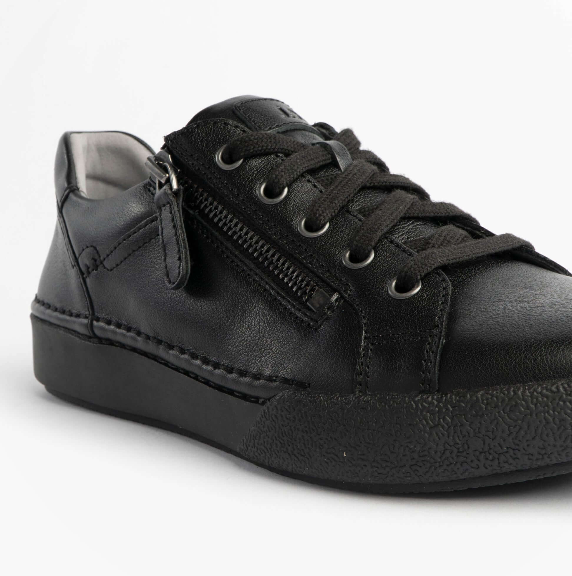 Josef Seibel Claire 13 Womens Casual Shoes Black side view showing leather upper and lace-up with zip detail.