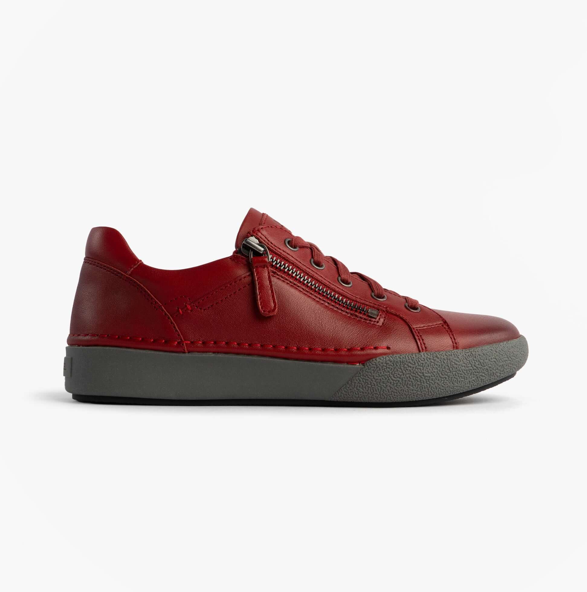 Josef Seibel Claire 13 Womens Casual Shoes Red side view, leather upper, lace-up and zip closure, low top design.