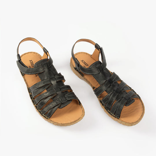 Josef Seibel IVY 02 Womens Sandals Schwarz top view showcasing leather straps and flat sole.