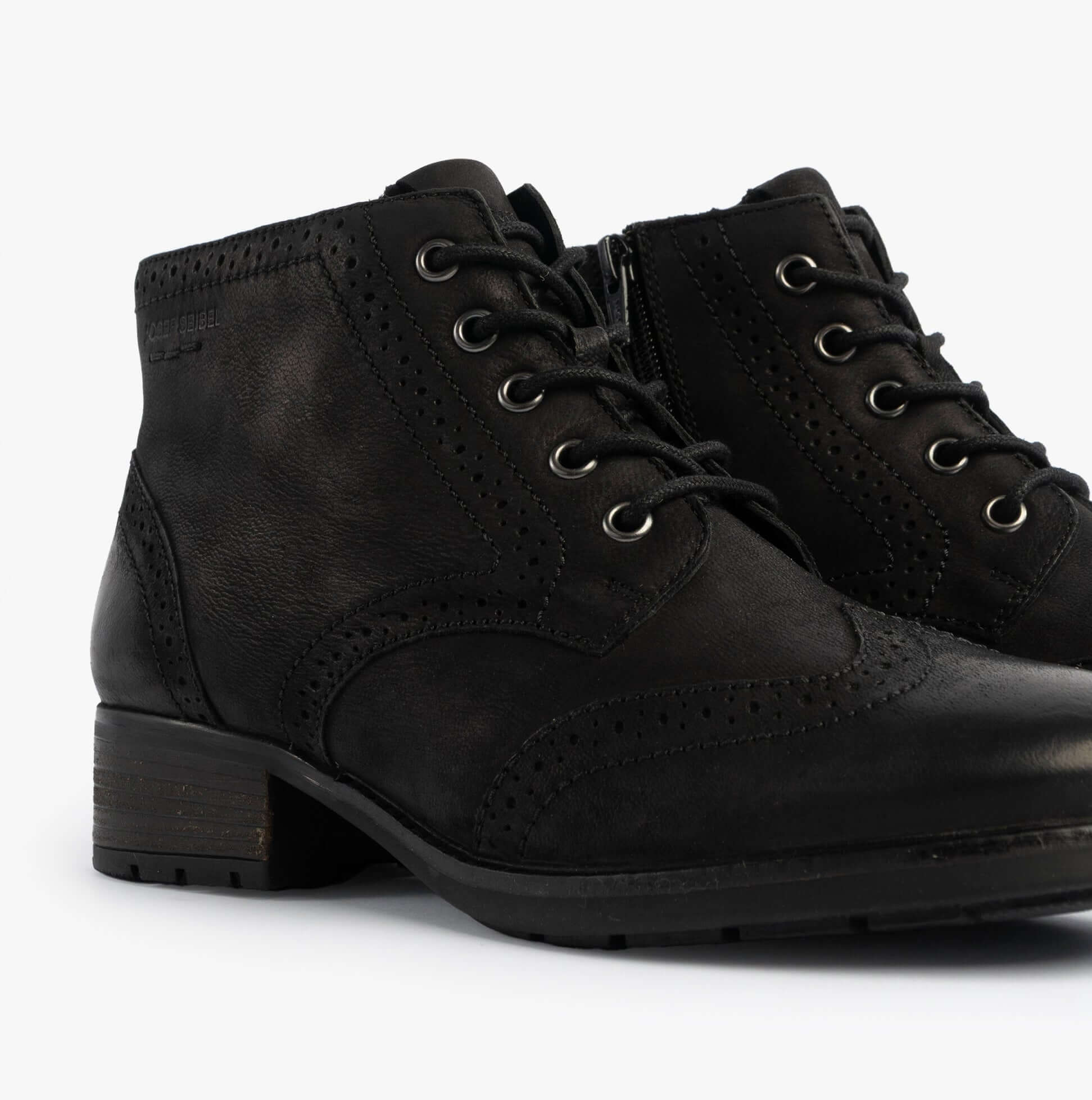 Josef Seibel KATE 11 Womens Brogue Boots Black side view, showcasing lace-up design and leather material.