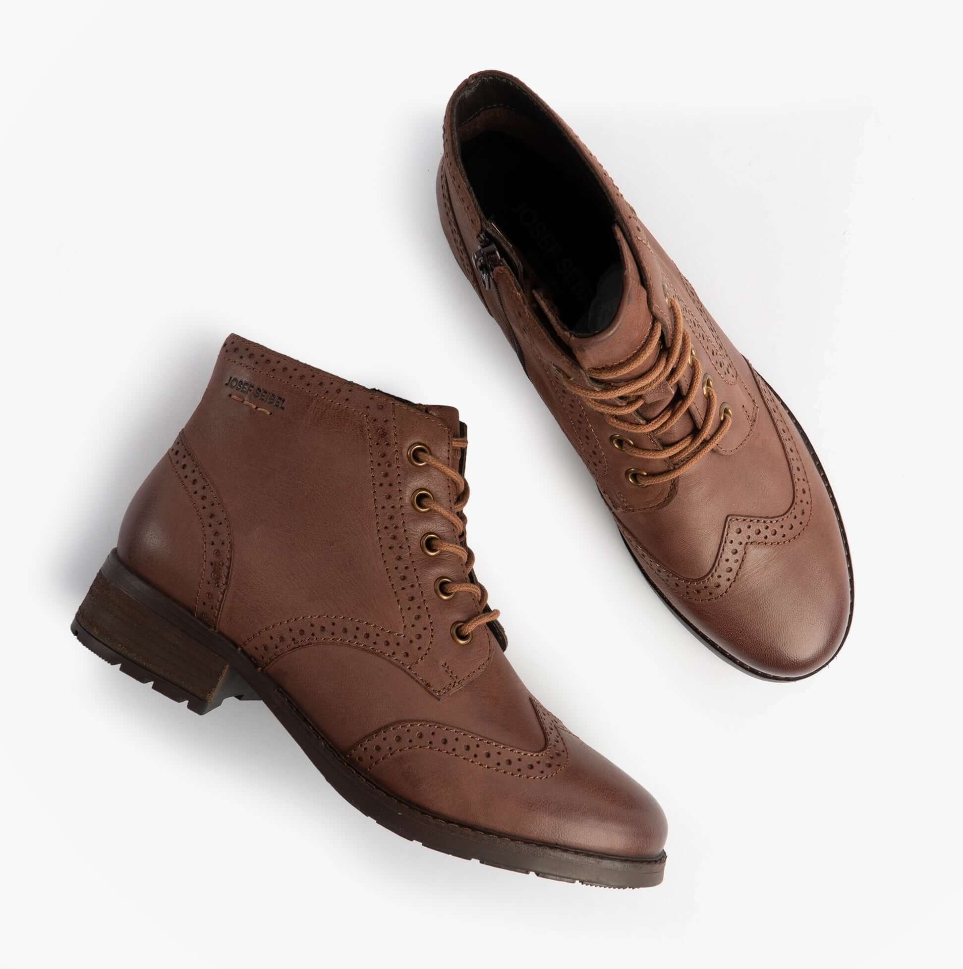 Josef Seibel KATE 11 Womens Brogue Boots Brasil top view and side view showing brown leather, lace-up design and brogue details.