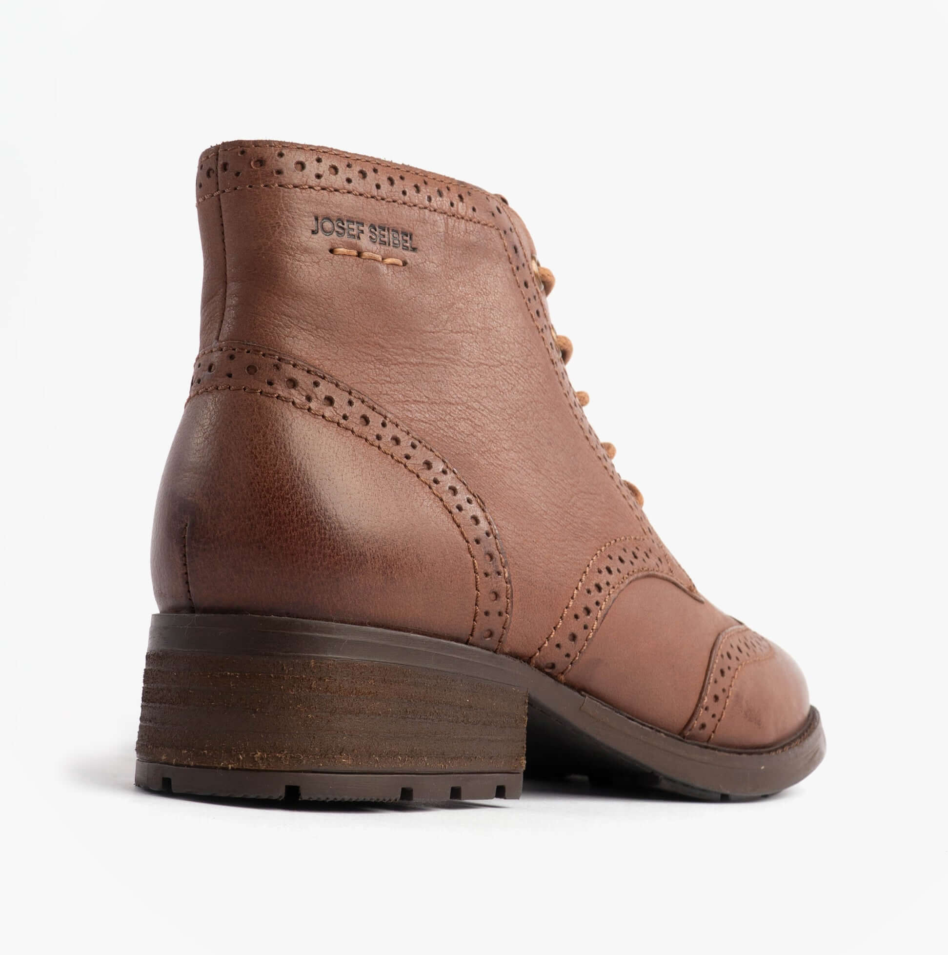 Josef Seibel KATE 11 Womens Brogue Boots Brasil side view showing brown leather upper and low heel.