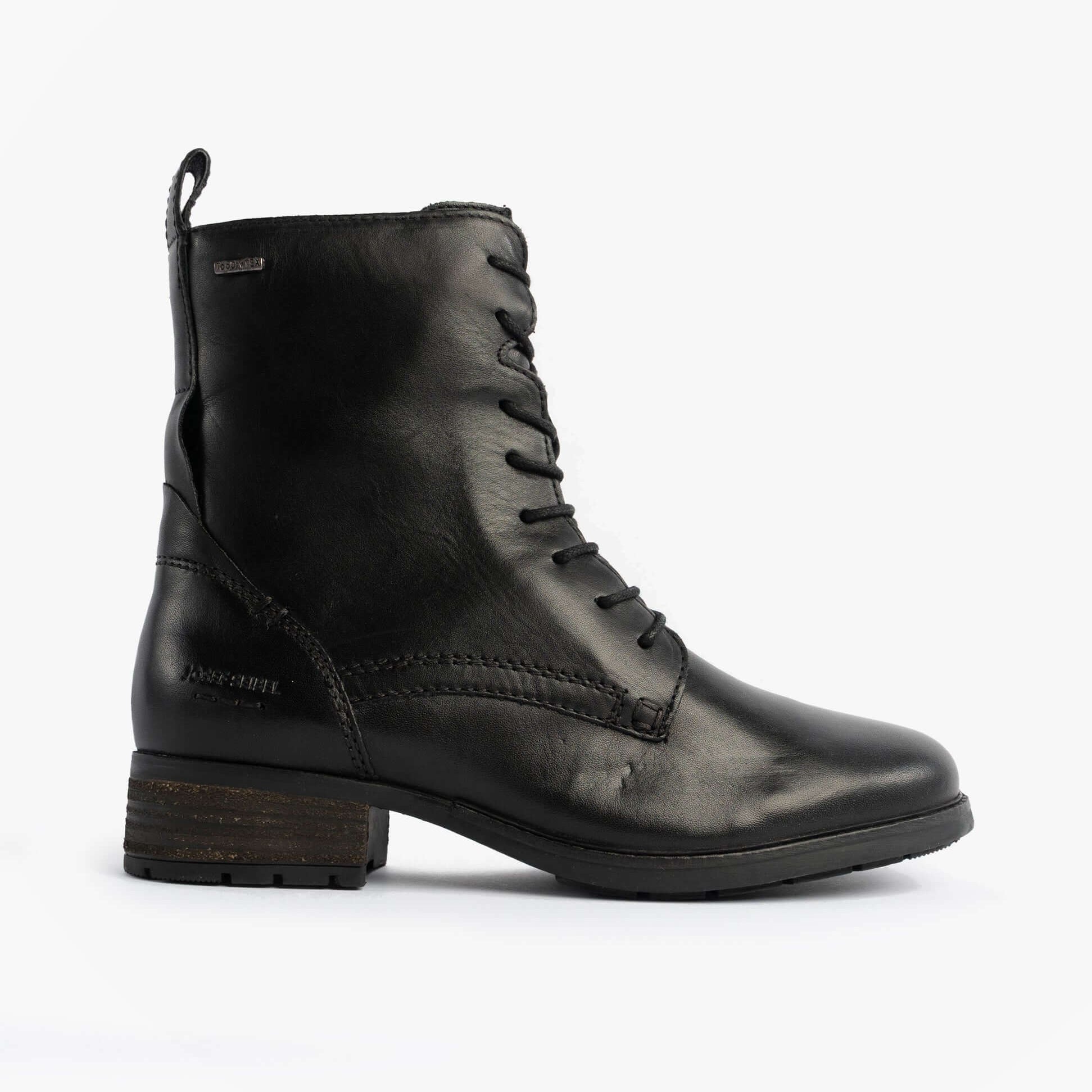 Josef Seibel KATE 50 Womens Waterproof Lace Up Boots Black side view showing leather upper and lace-up design.