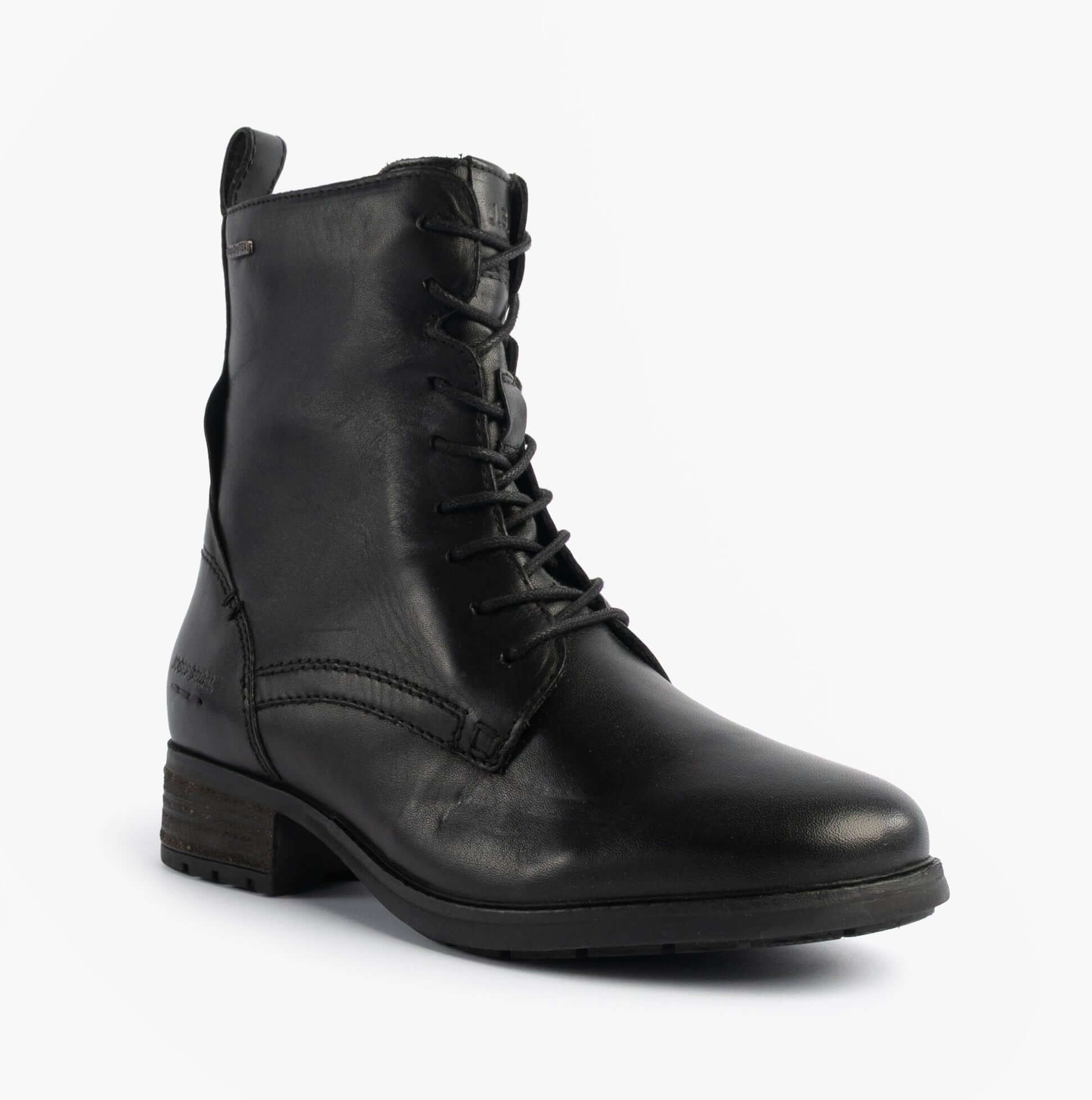Josef Seibel KATE 50 Womens Waterproof Lace Up Boots Black side view showcasing leather upper and lace-up design.