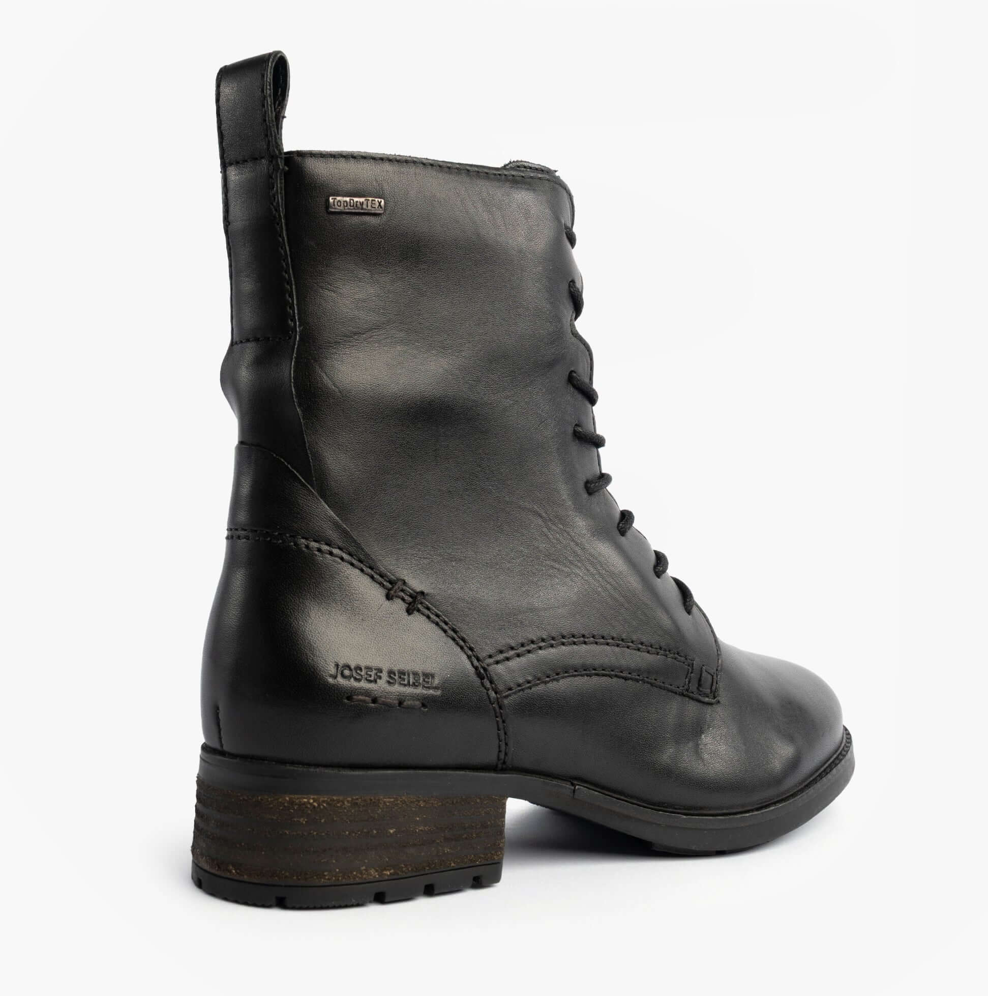 Josef Seibel KATE 50 Womens Waterproof Lace Up Boots Black side view showing leather upper and small heel