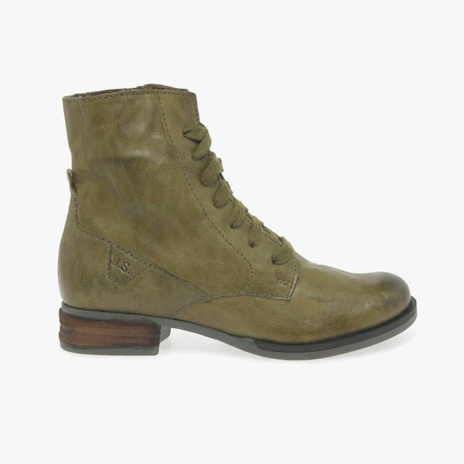 Josef Seibel SANJA 01 Womens Boots Olive side view featuring lace-up design and low heel.