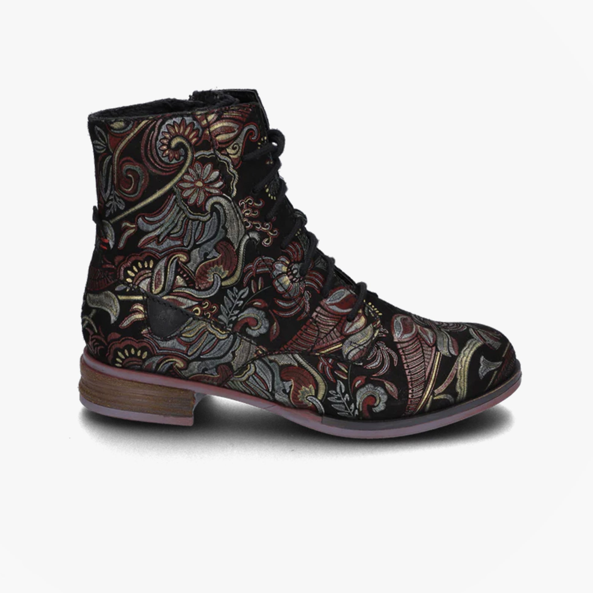 Josef Seibel SANJA01 Womens Boots Black side view, ankle boots with lace-up design and floral embroidery.