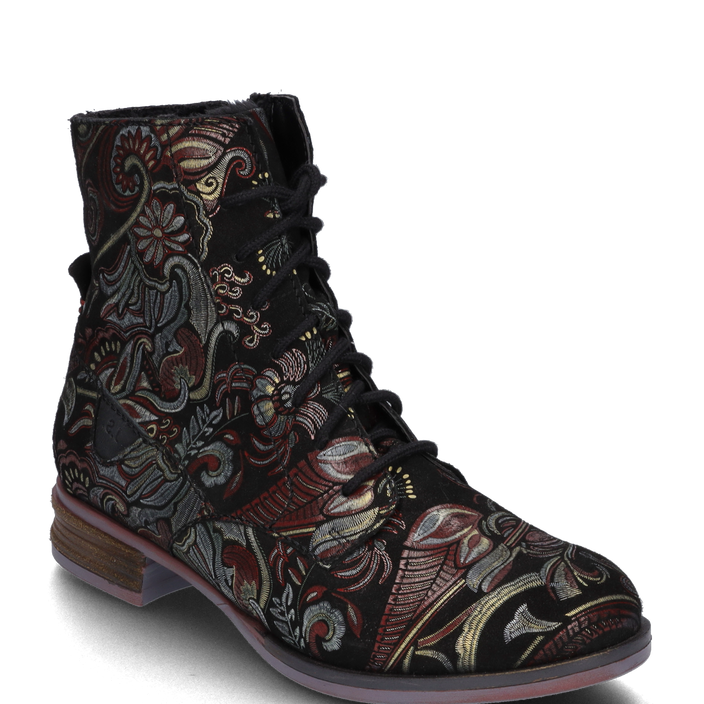 Josef Seibel SANJA01 Womens Boots Black side view with intricate floral embroidery details.