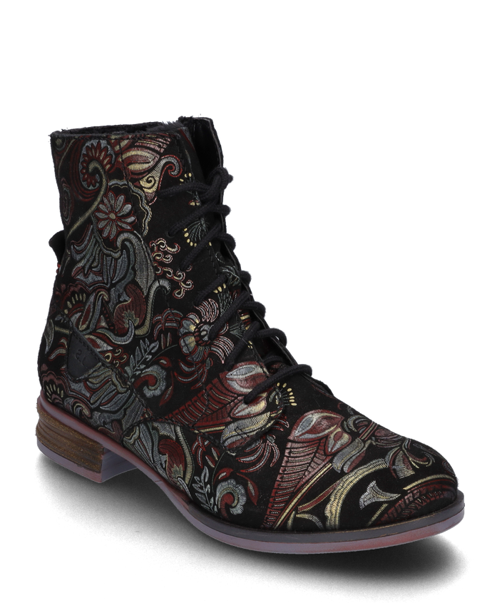 Josef Seibel SANJA01 Womens Boots Black side view with intricate floral embroidery details.