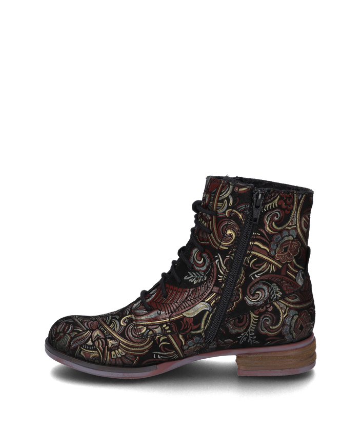 Josef Seibel SANJA01 Womens Boots Black side view with intricate floral patterns and lace-up design.