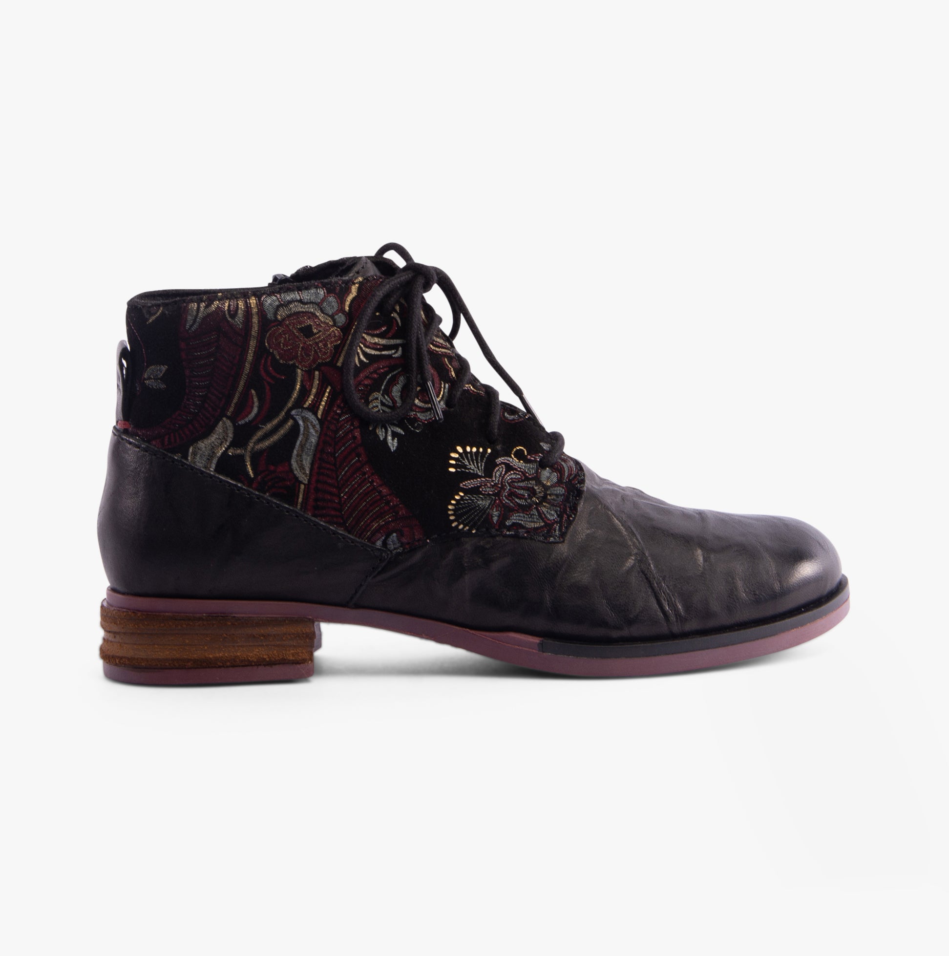 Josef Seibel SANJA 10 Womens Boots Black-Combi side view showing lace-up design and detailed floral upper.