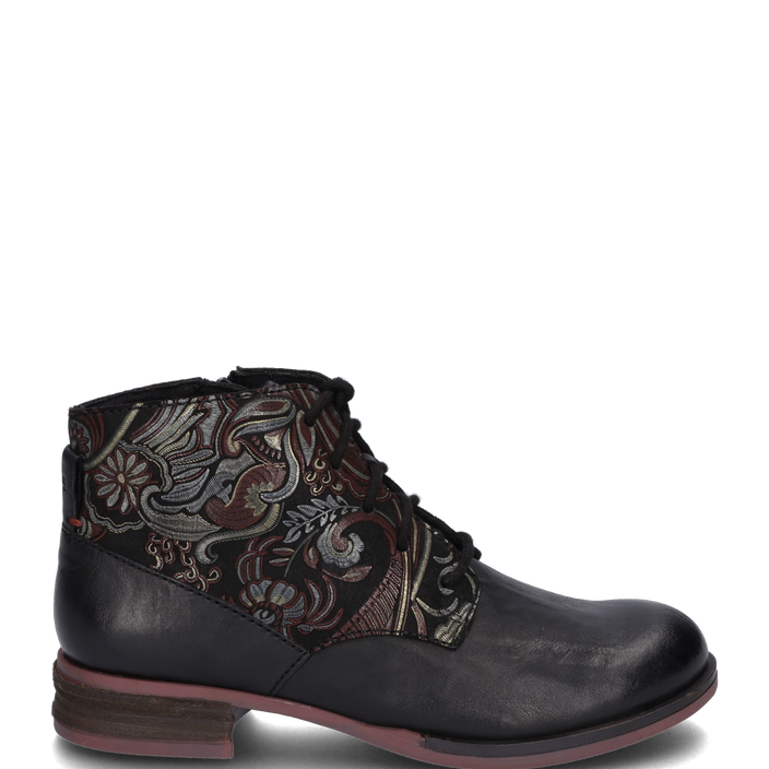 Josef Seibel SANJA 10 Womens Boots Black-Combi side view with detailed floral design on shaft and lace-up closure.