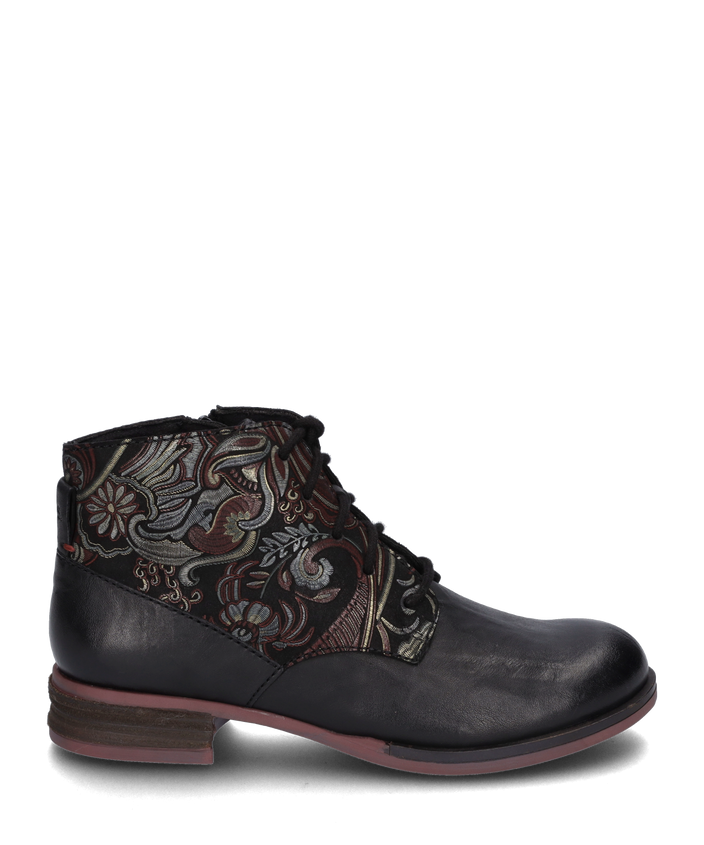 Josef Seibel SANJA 10 Womens Boots Black-Combi side view with detailed floral design on shaft and lace-up closure.