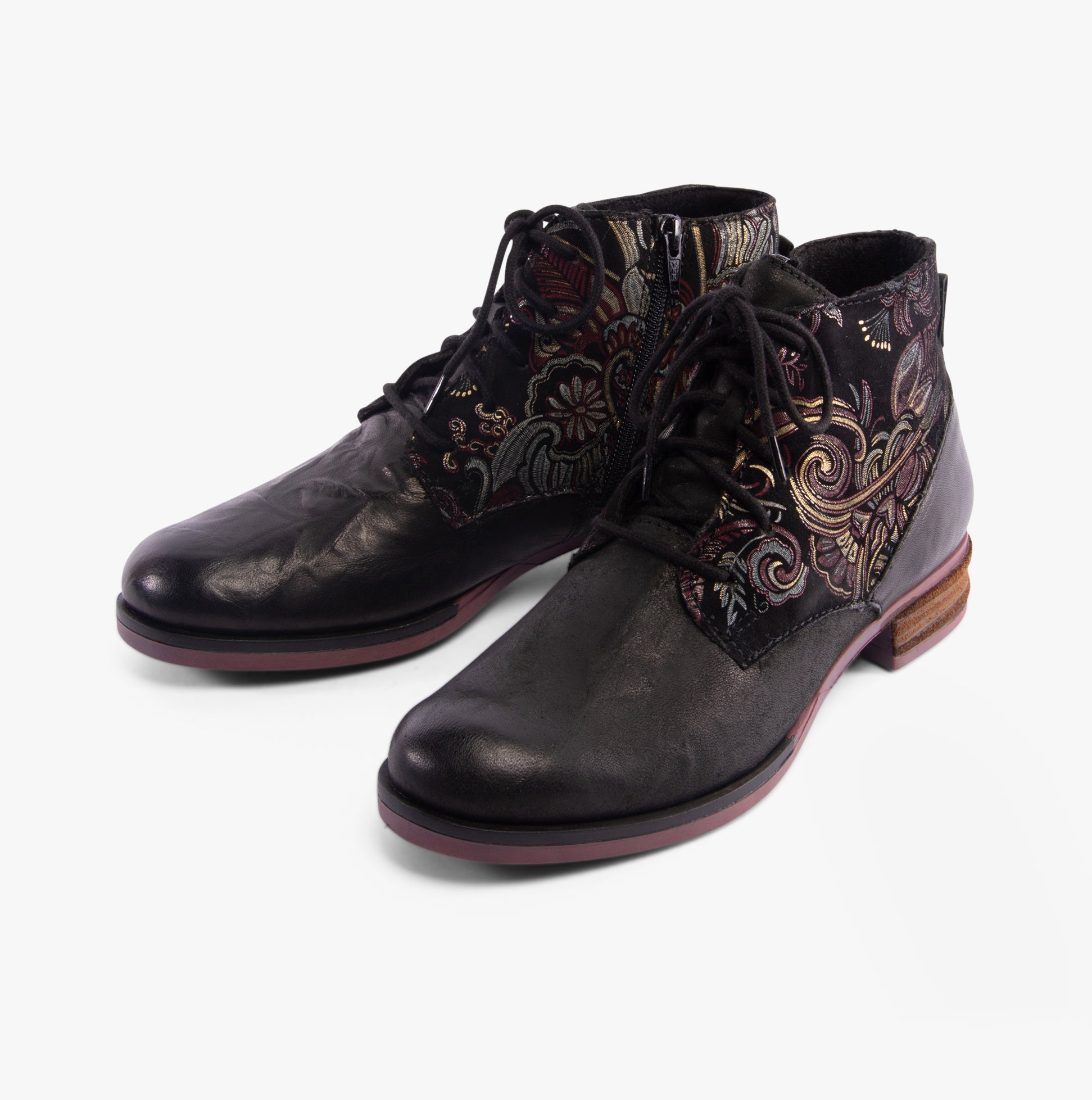 Josef Seibel SANJA 10 Womens Boots Black-Combi side view featuring leather upper and floral design.